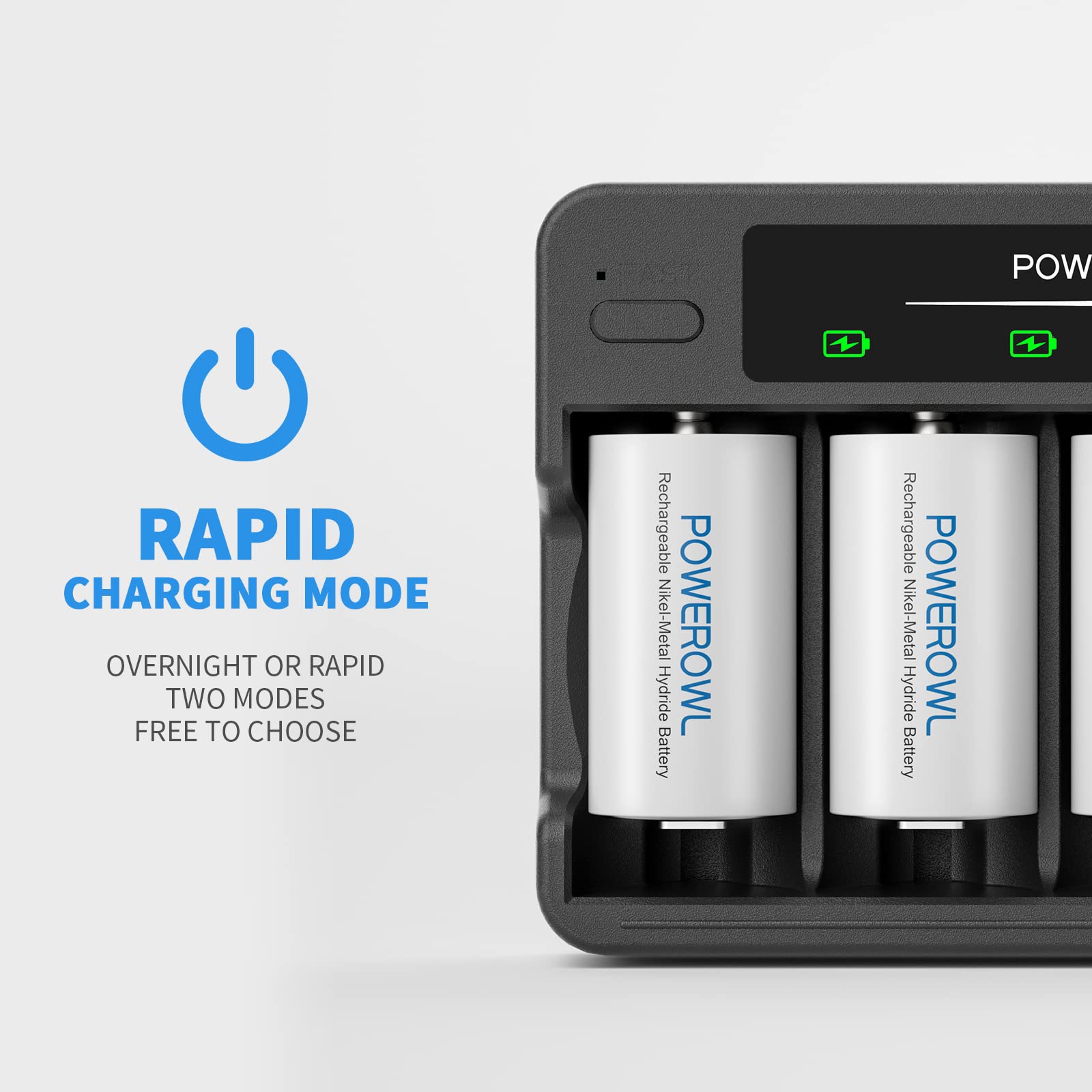 POWEROWL Rechargeable D Batteries (4-Pack) with 4 Bay USB Fast Charger - Compatible with AA AAA C D Ni-MH Ni-CD Batteries - Ideal for Flashlights, Toys, and Emergency Power Backup