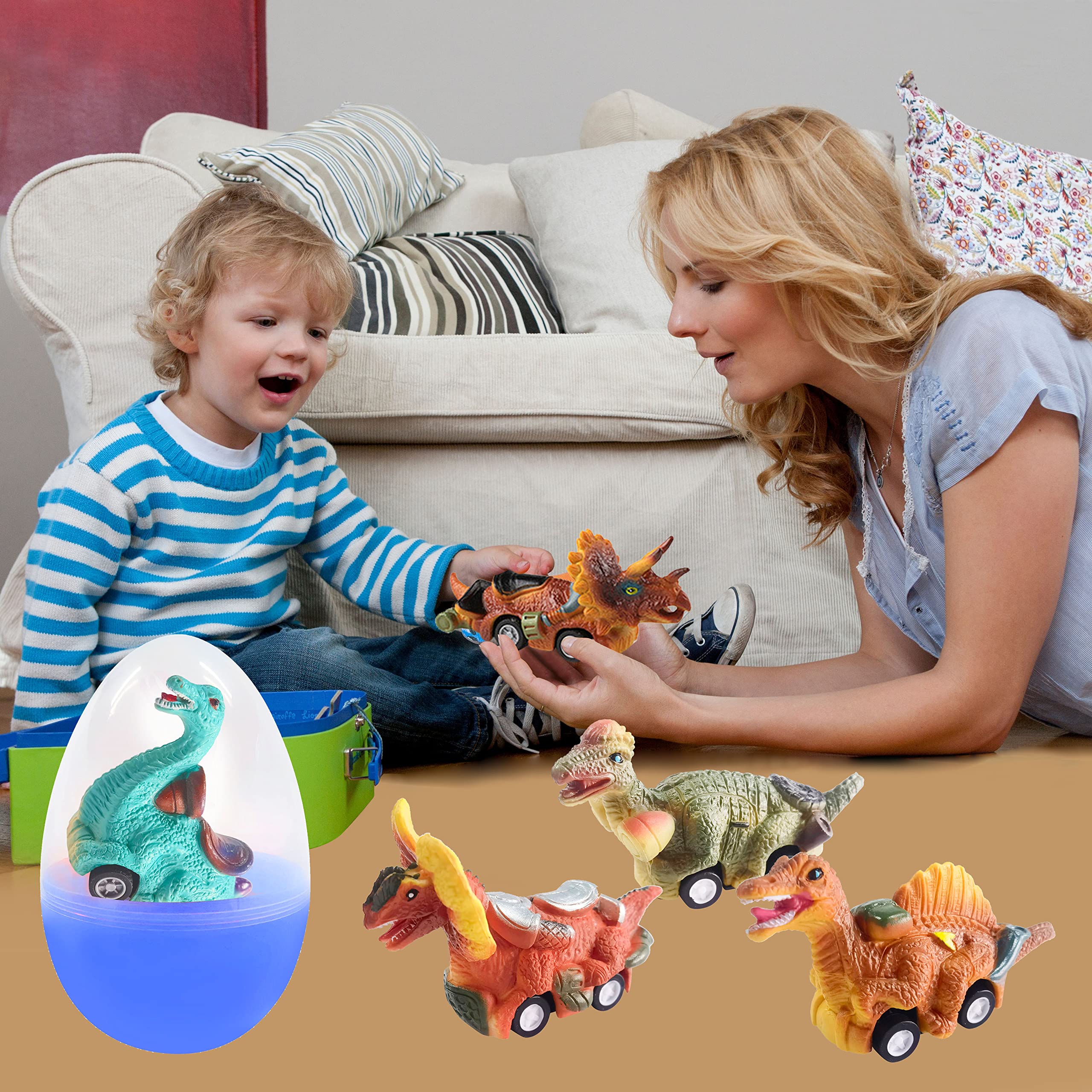 Dinosaur Pull Back Cars Toys Inside - 6 Pack Jumbo Easter Eggs for Kids, Boys & Toddlers - Fun Easter Basket Stuffers & Egg Fillers for Holiday Parties, Egg Hunts and Birthday Gifts
