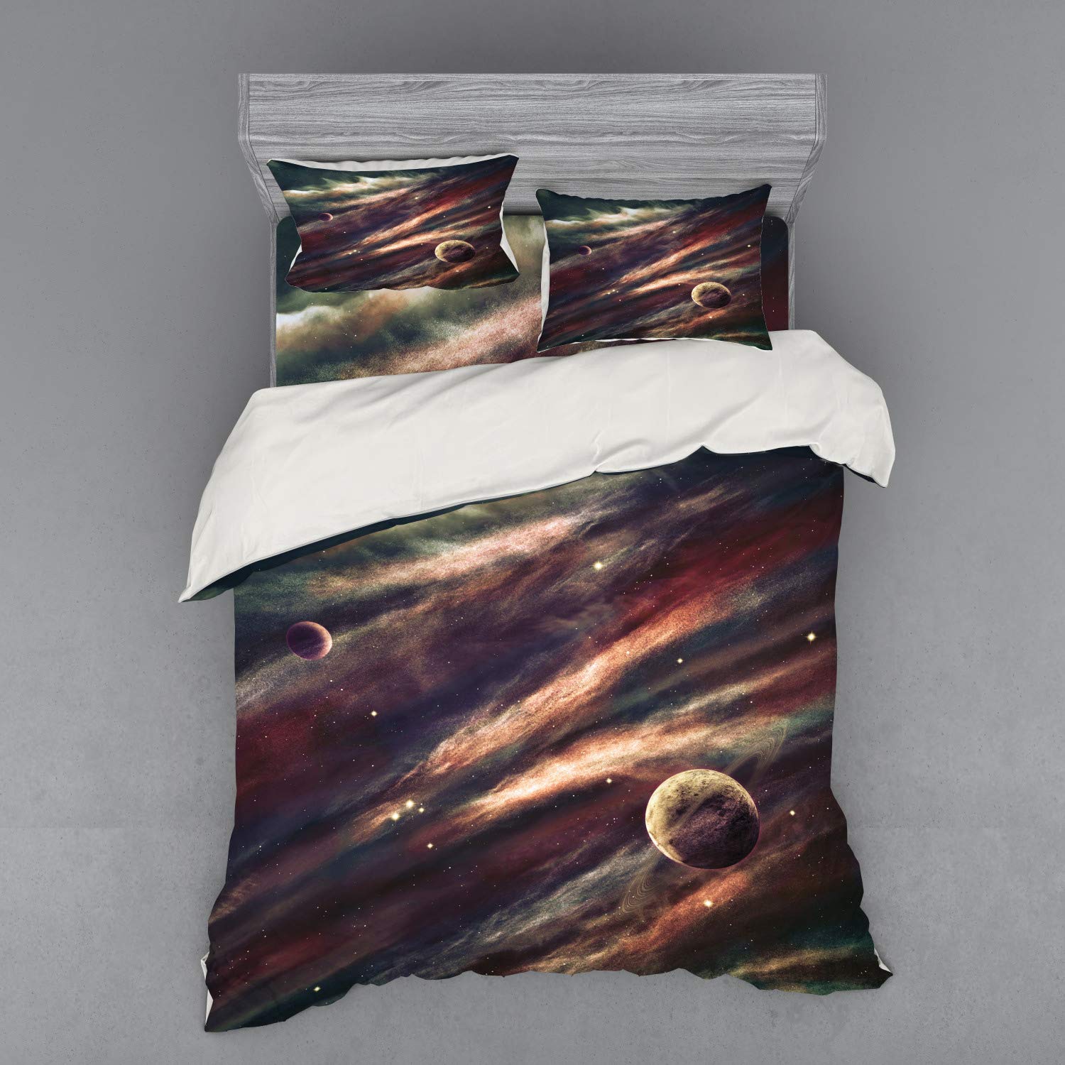 Ambesonne Queen Size 4-Piece Outer Space Duvet Cover Set with Shams & Fitted Sheet - Planets Nebula Galaxy Star Print Bedding in Dried Rose Ivory - Perfect for Astronomy Lovers' Bedrooms, Kids' Rooms & Space-Themed Decor