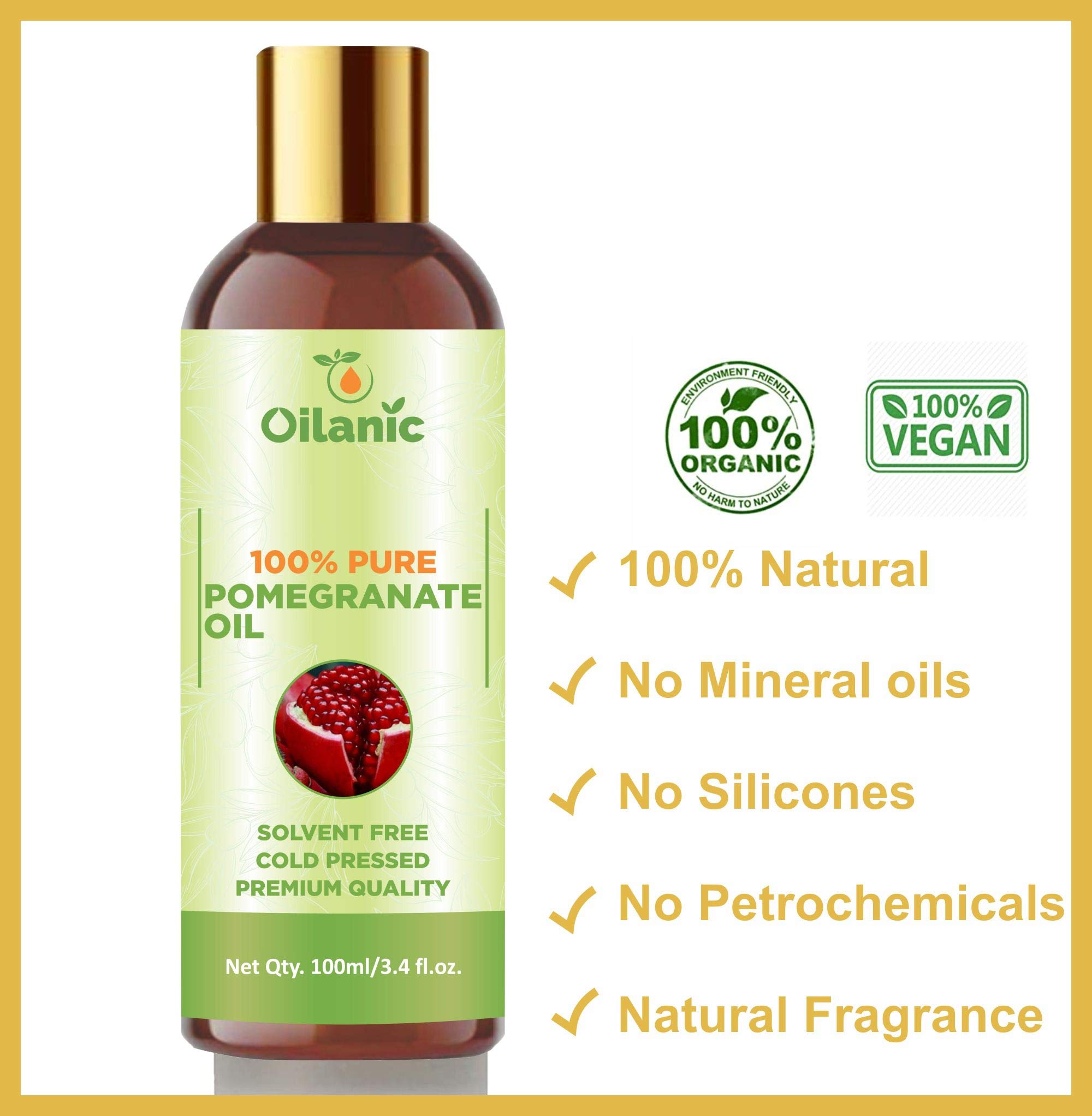 Oilanic 100% Pure & Natural Pomegranate Oil (3.4 fl oz) - Cold Pressed, Unrefined for Hair, Skin & Face Care - Perfect for DIY Beauty Recipes & Aromatherapy