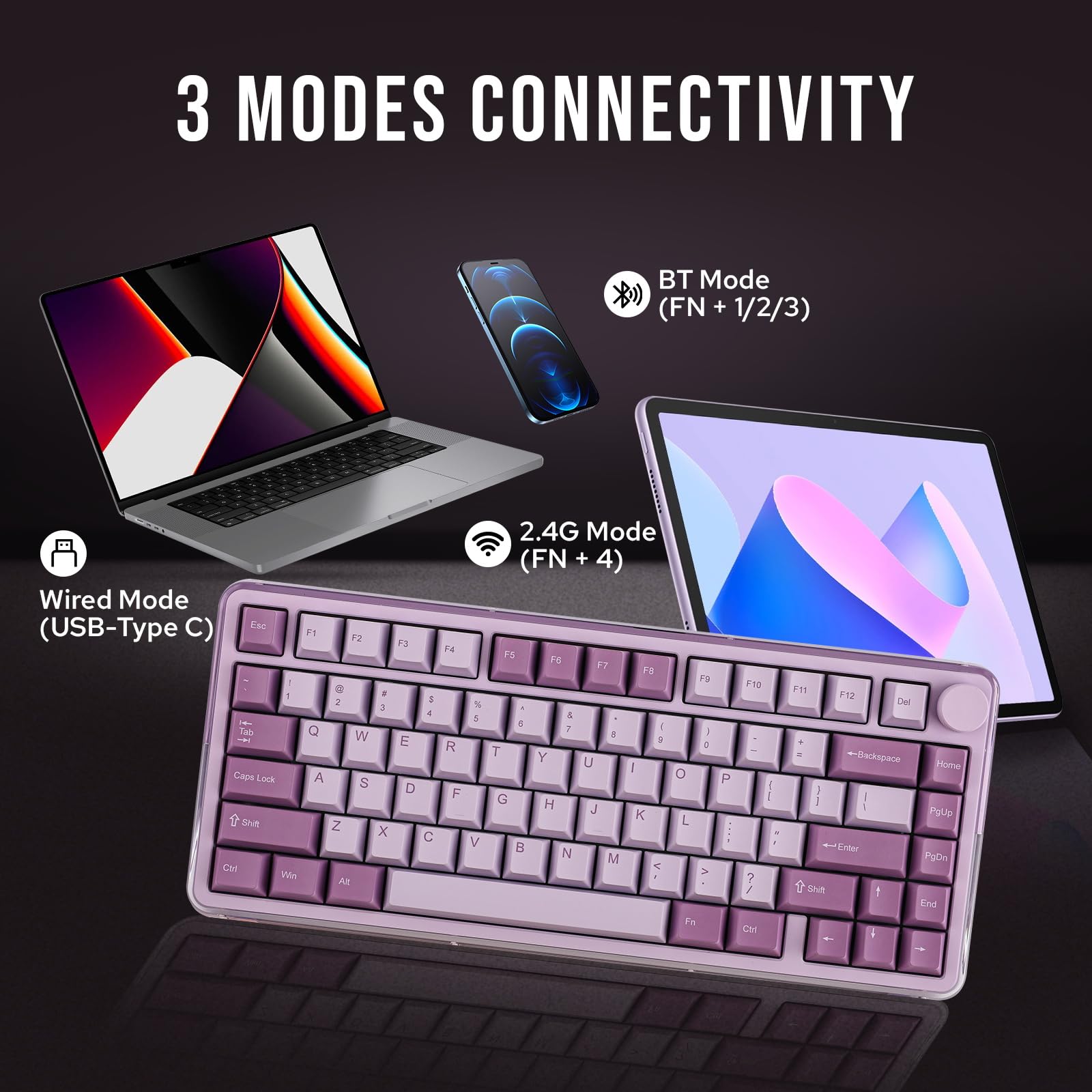 KiiBoom Breeze 75 Wireless Mechanical Keyboard - RGB, 8000mAh, for Gaming & Office (Purple)