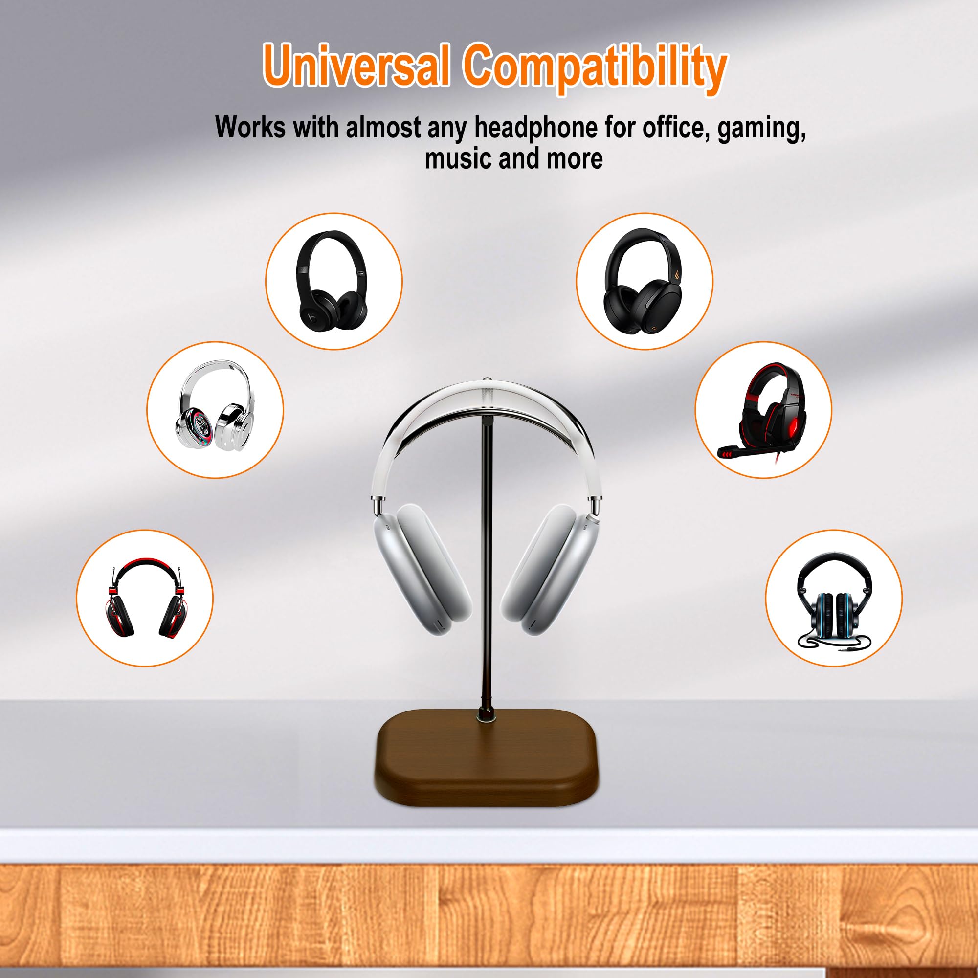 Premium Walnut Wood Headphone Stand with Aluminum Base - Universal Headset Holder for Gaming & Music Headsets - Elegant Desk Organizer for Home & Office Workspace