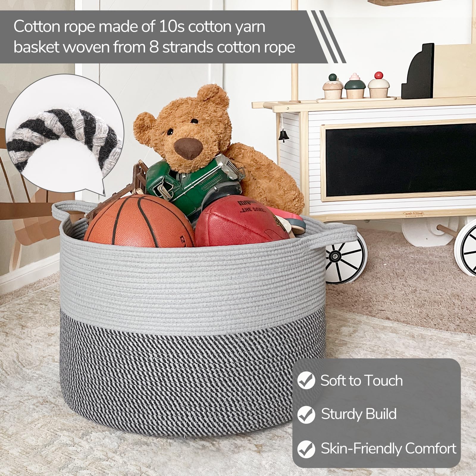 INDRESSME Extra Large Laundry Basket with Handles - 21.7 x 13.8 Inch Woven Storage Bin for Clothes, Toys & Blankets - Grey Cotton Rope Basket for Nursery, Living Room & Bedroom Organization - Perfect for Dirty Laundry, Pet Toys & Home Decor Storage
