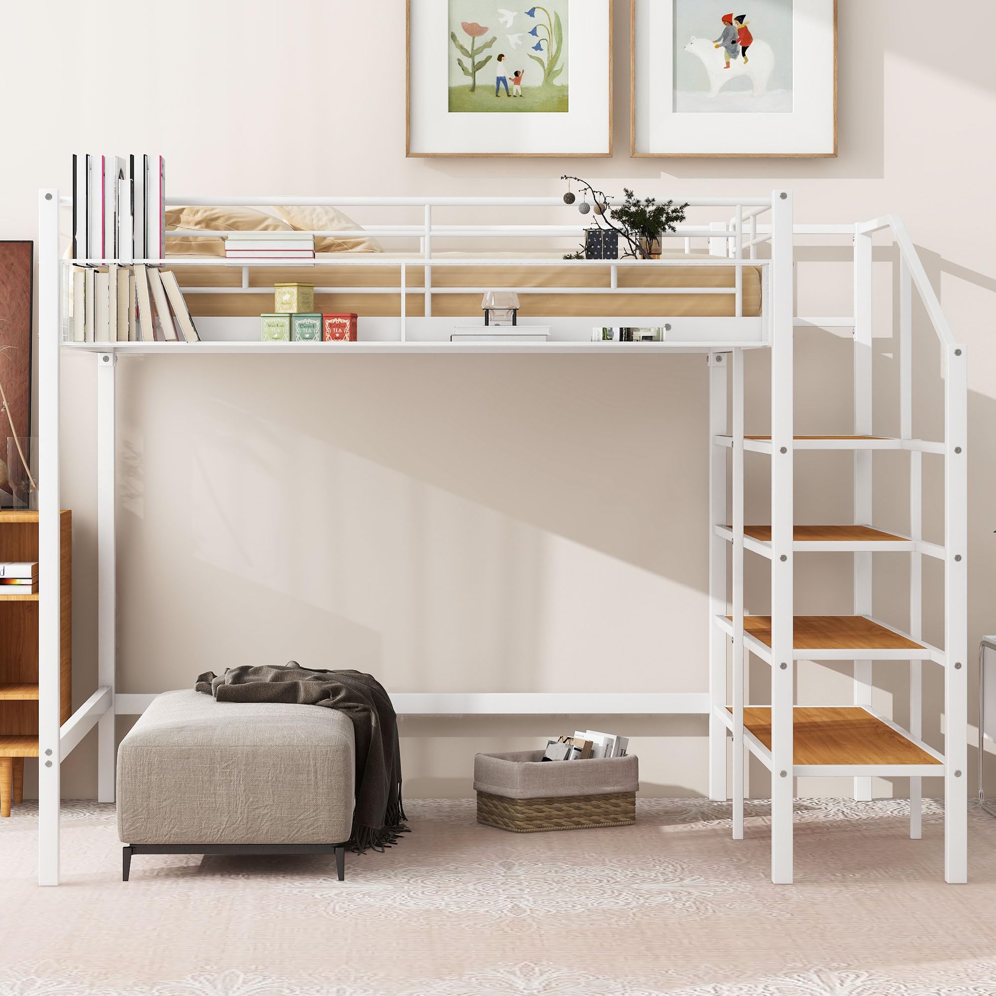 Full Size Loft Bed with Stairs - Heavy Duty Metal Loft Bed Frame with Storage Steps & Grid Shelf - Sturdy High Loft Bed for Kids, Teens & Adults - Perfect for Small Spaces, Dorms & Apartments (White)
