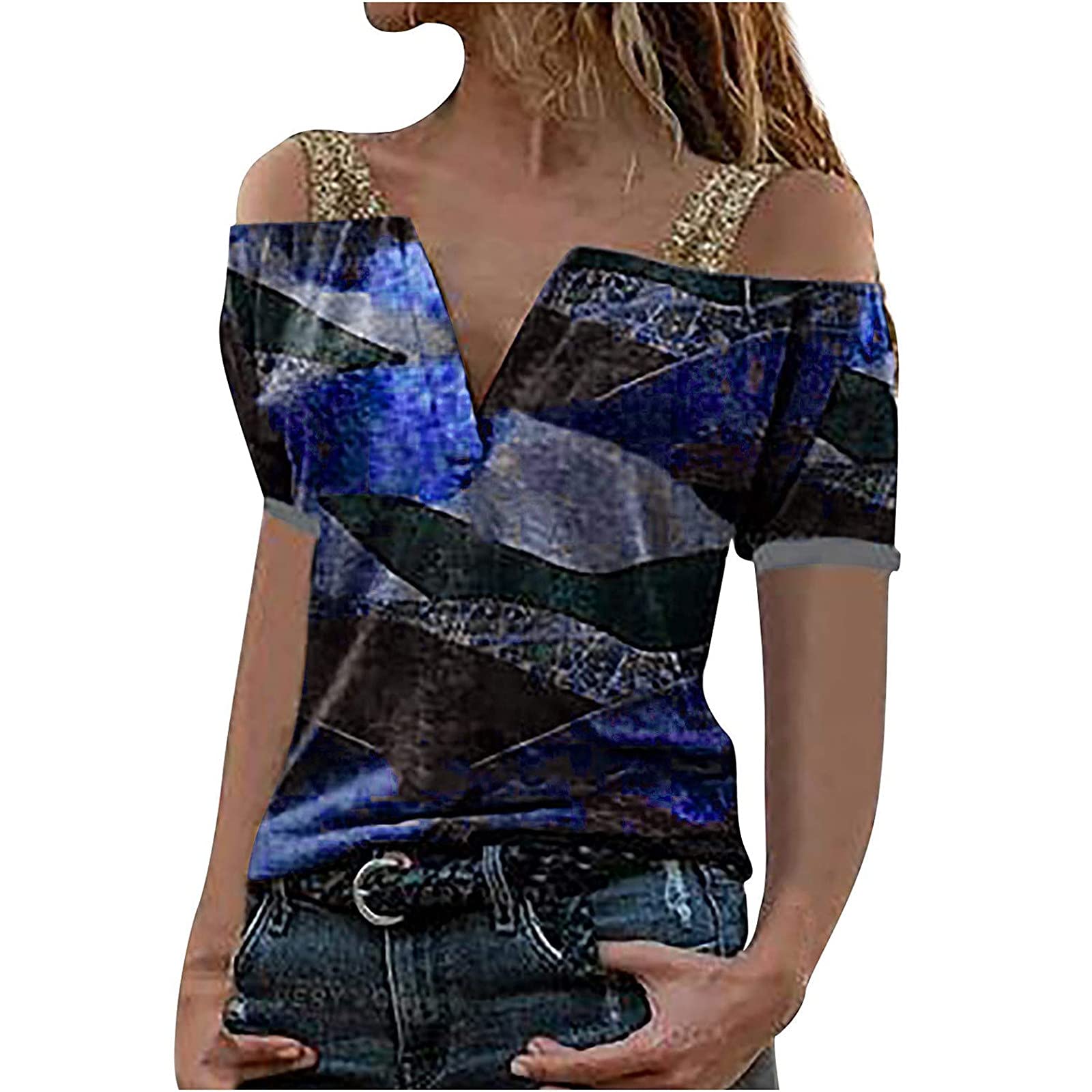 Women's Cold Shoulder T-Shirts - V Neck Short Sleeve Strappy Summer Tops & Tunics for Casual Wear, Beach Outfits, and Date Nights