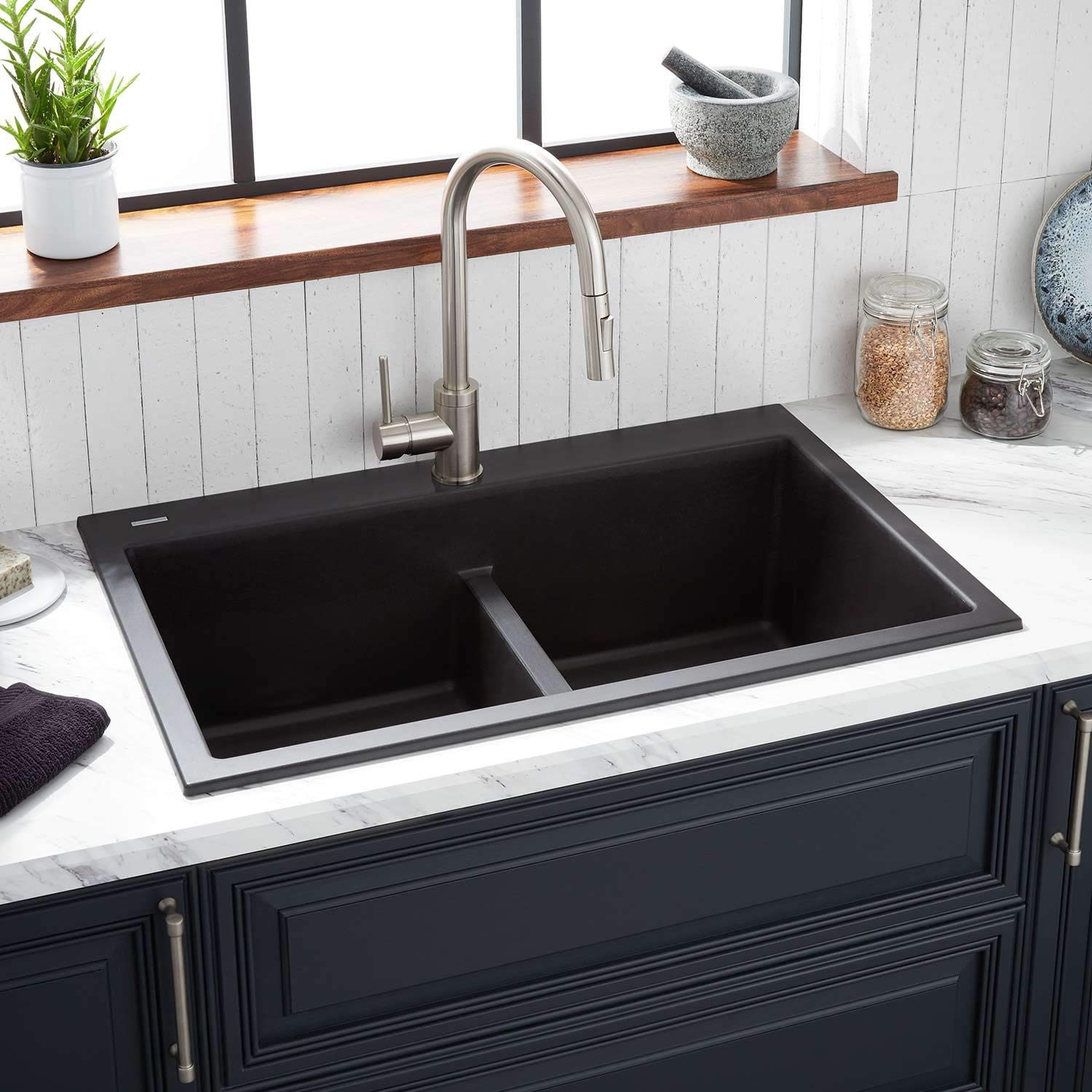 Signature Hardware 441670 Algren 33-Inch Drop-In Double Basin Granite Composite Kitchen Sink - Black, Perfect for Modern Farmhouse & Contemporary Kitchen Remodels