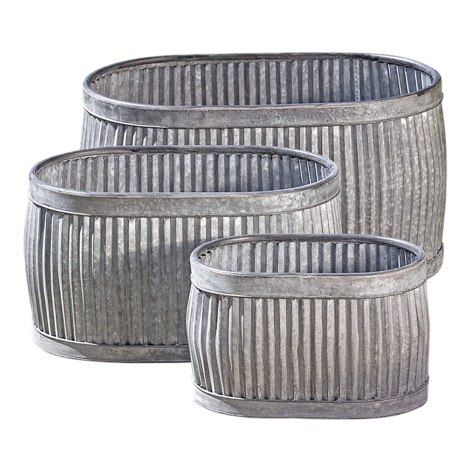 WHW French Country Style Oval Galvanized Metal Planters - Set of 3 Rustic Wash Basin Cache Pots (24.5