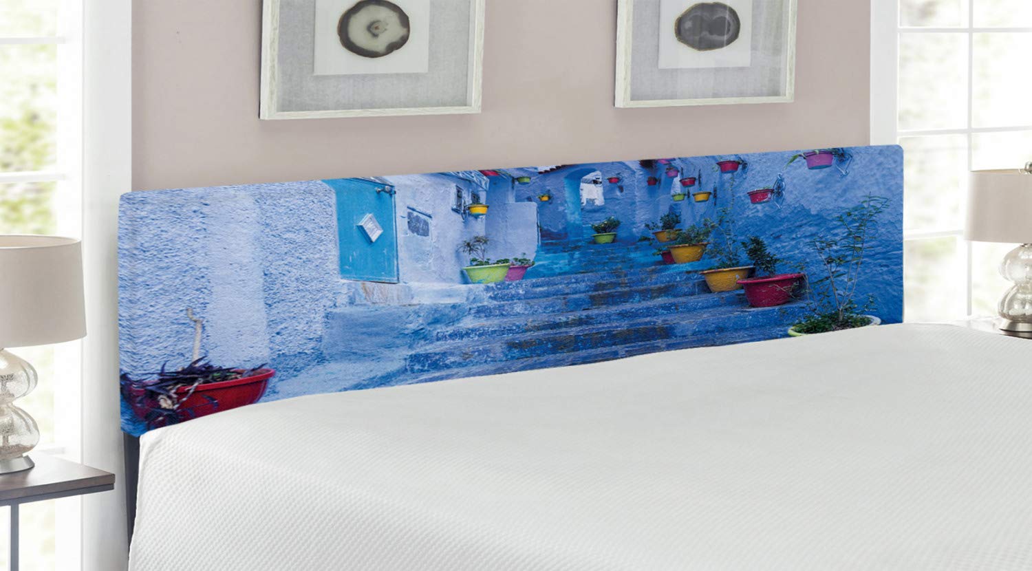 Ambesonne Blue Upholstered Headboard - Moroccan Chefchaouen Inspired Floral Street Design, King Size Decorative Metal Bed Headboard with Memory Foam | Perfect for Bedroom Decor, Guest Rooms & Bohemian Style Homes