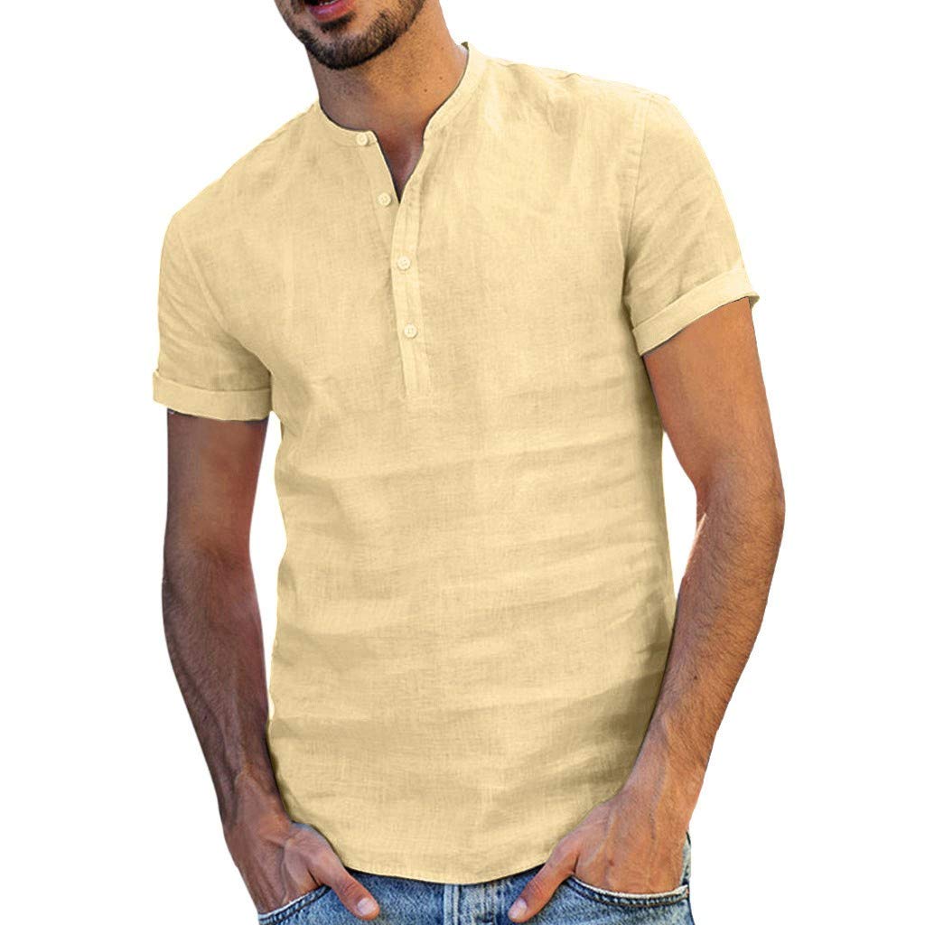 Men's Linen Popover Shirt - Breathable Baggy Cotton Linen Blend Short Sleeve Retro T-Shirt for Casual Wear & Summer Outfits | SOID Color Vintage Style Top