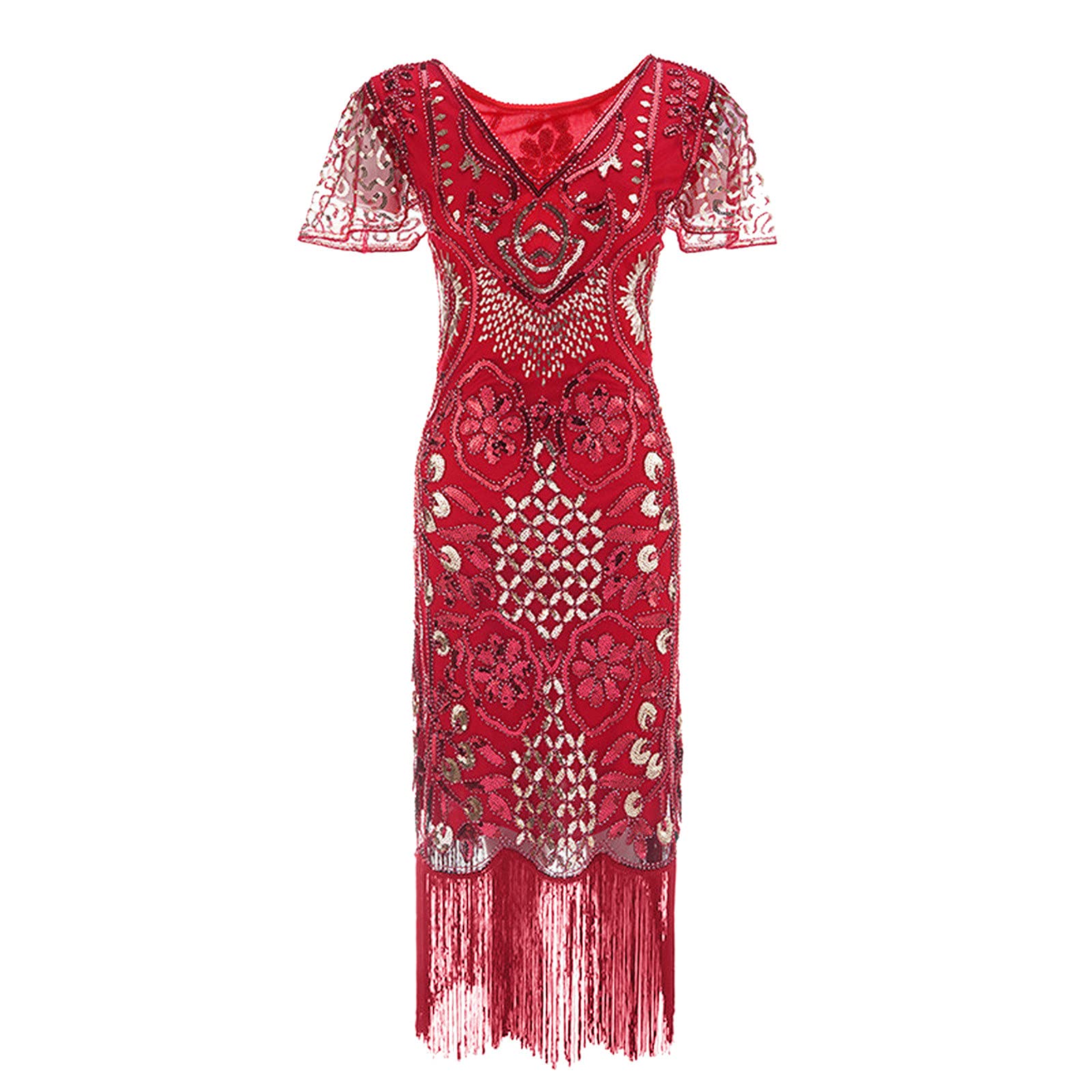 Vintage Flapper Midi Skirt for Women - V-Neck Cocktail Dress with Tassel Hem & Sleeve Detail | Retro 1920s Style Party Skirt | Perfect for Gatsby Themed Parties, Cocktail Events & Vintage Fashion Lovers