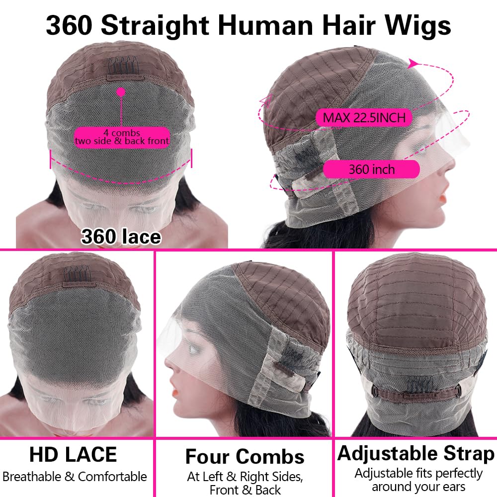 sdamey 360 Straight Lace Front Wig - 100% Human Hair HD Transparent Full Lace Wig for Women | 200% Density, Pre-Plucked with Baby Hair | 12A Brazilian Virgin Hair, Natural Color (16 Inches) | Perfect for Daily Wear, Cosplay, and Special Occasions