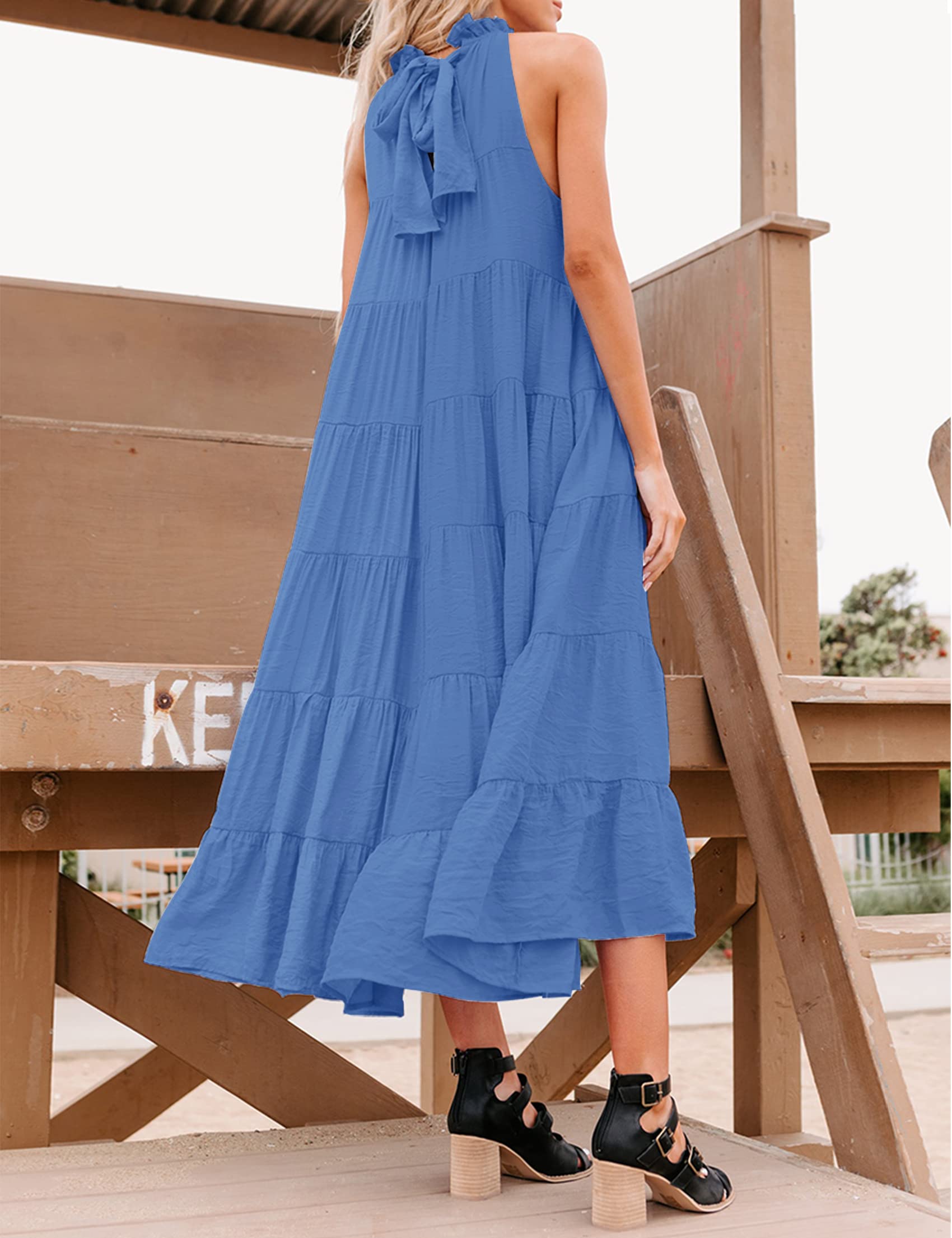 HAEOF Women's Summer Sleeveless Halter Maxi Dress - Flowy Pleated Tiered Beach Sundress for Vacation, Party, and Casual Wear | Lightweight Breathable Long Dress for Women