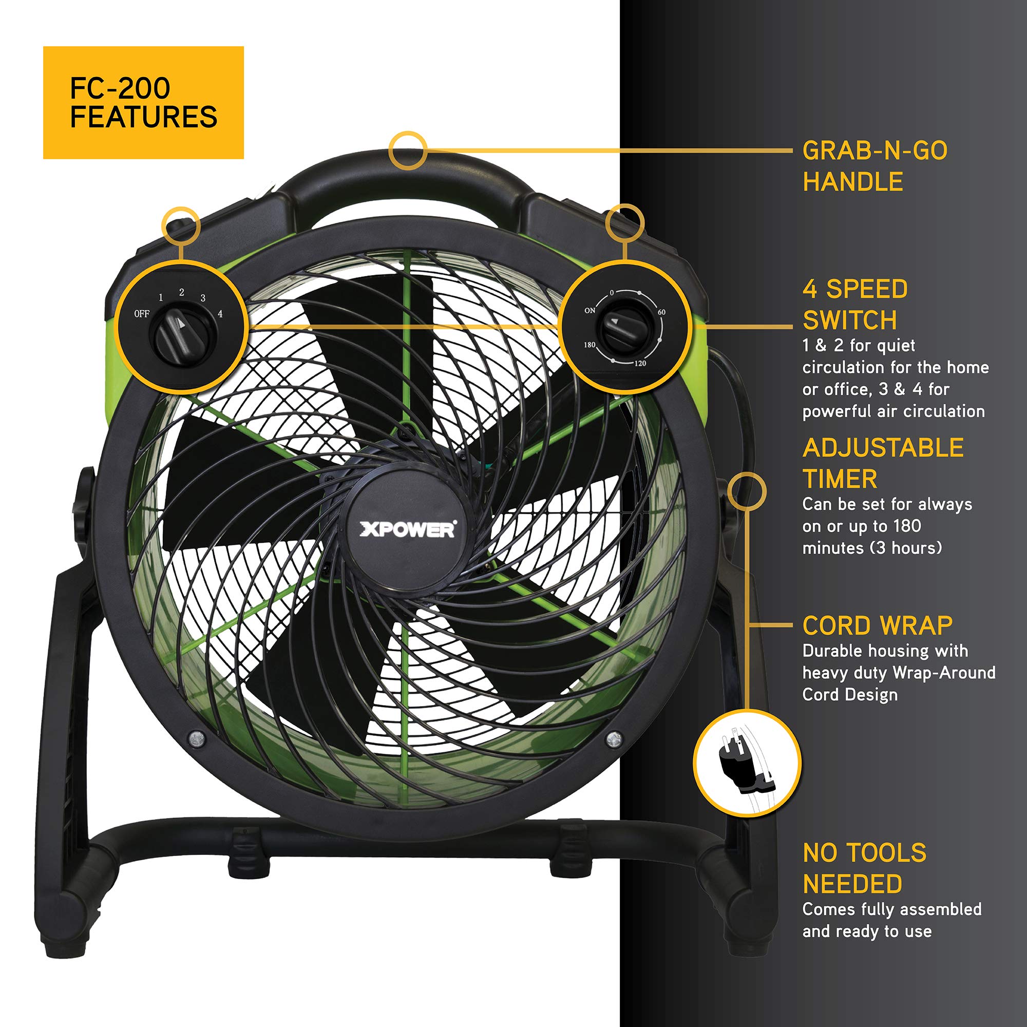 XPOWER FC-200 Heavy Duty Industrial High Velocity Air Circulator Fan - 13 Inch, 1300 CFM, 4 Speed Settings with Timer - Perfect for Warehouse, Workshop, Gym & Home Ventilation