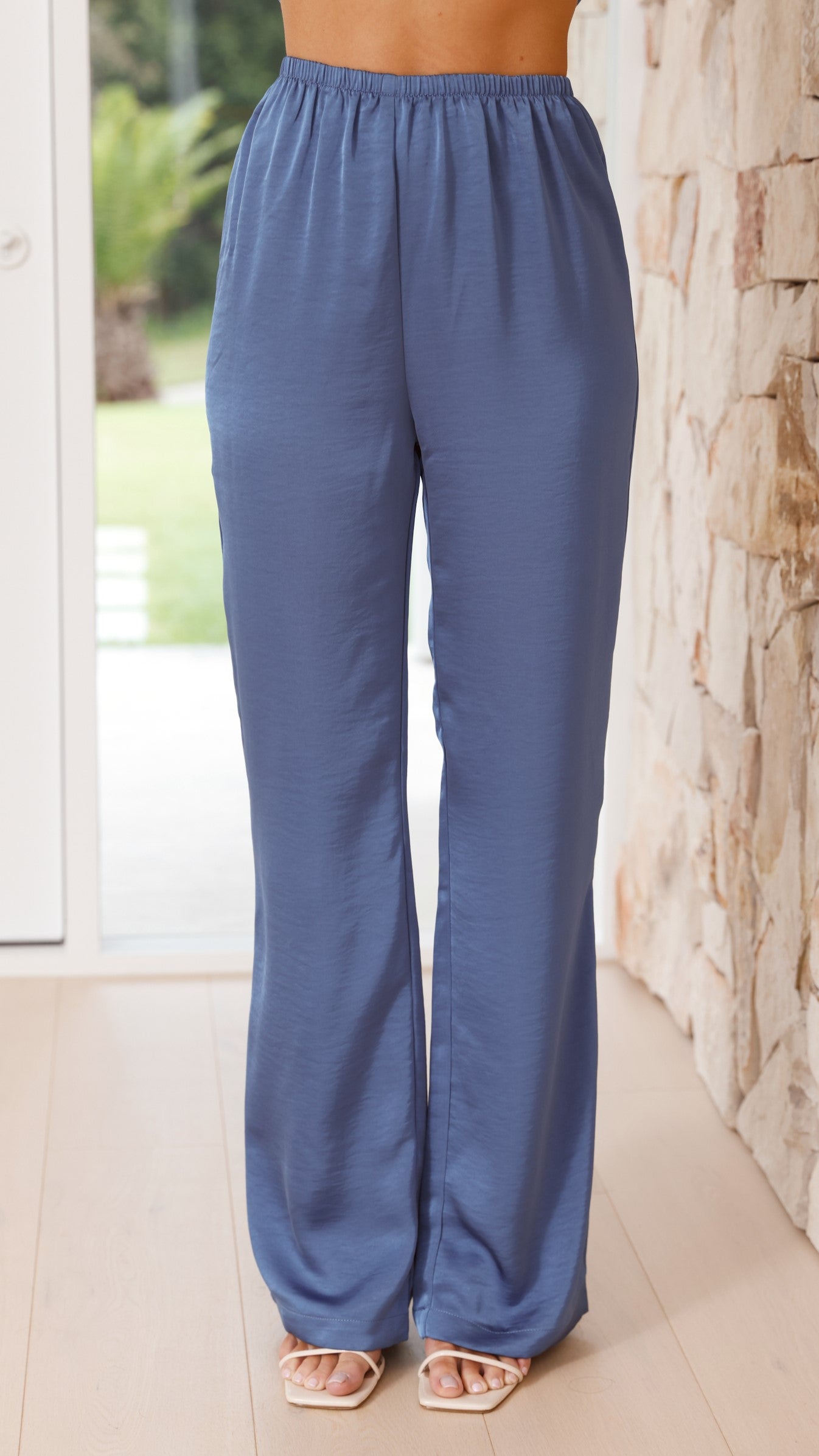 Imogen Button Pants for Women - Steel Blue High Waisted Trousers | Comfortable Office Pants & Casual Wear for Work & Everyday Outfits
