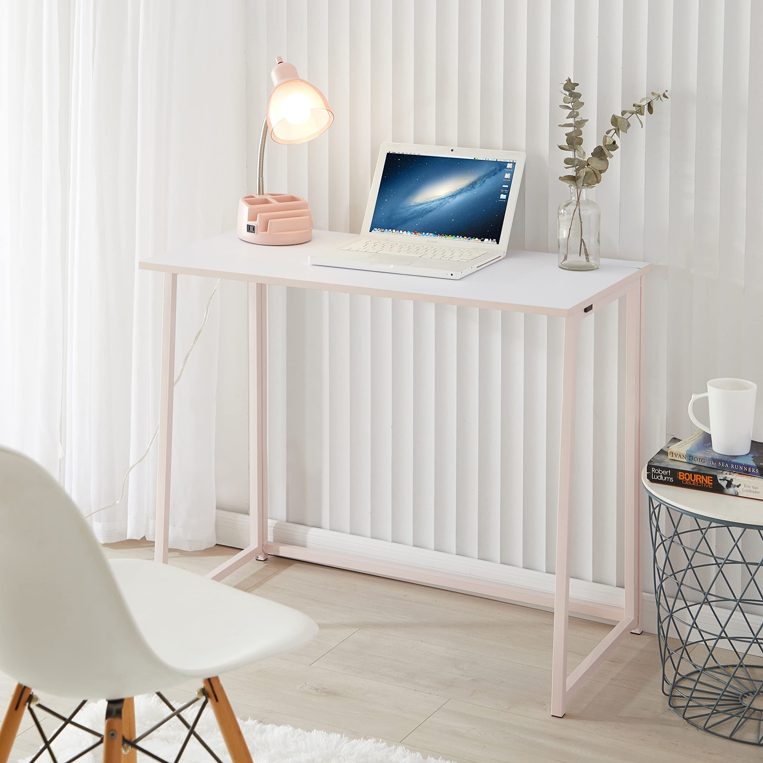 Urban Shop Folding Computer Desk - No Tools Required for Assembly, White & Pink - Perfect for Small Spaces, Home Office & Dorm Rooms