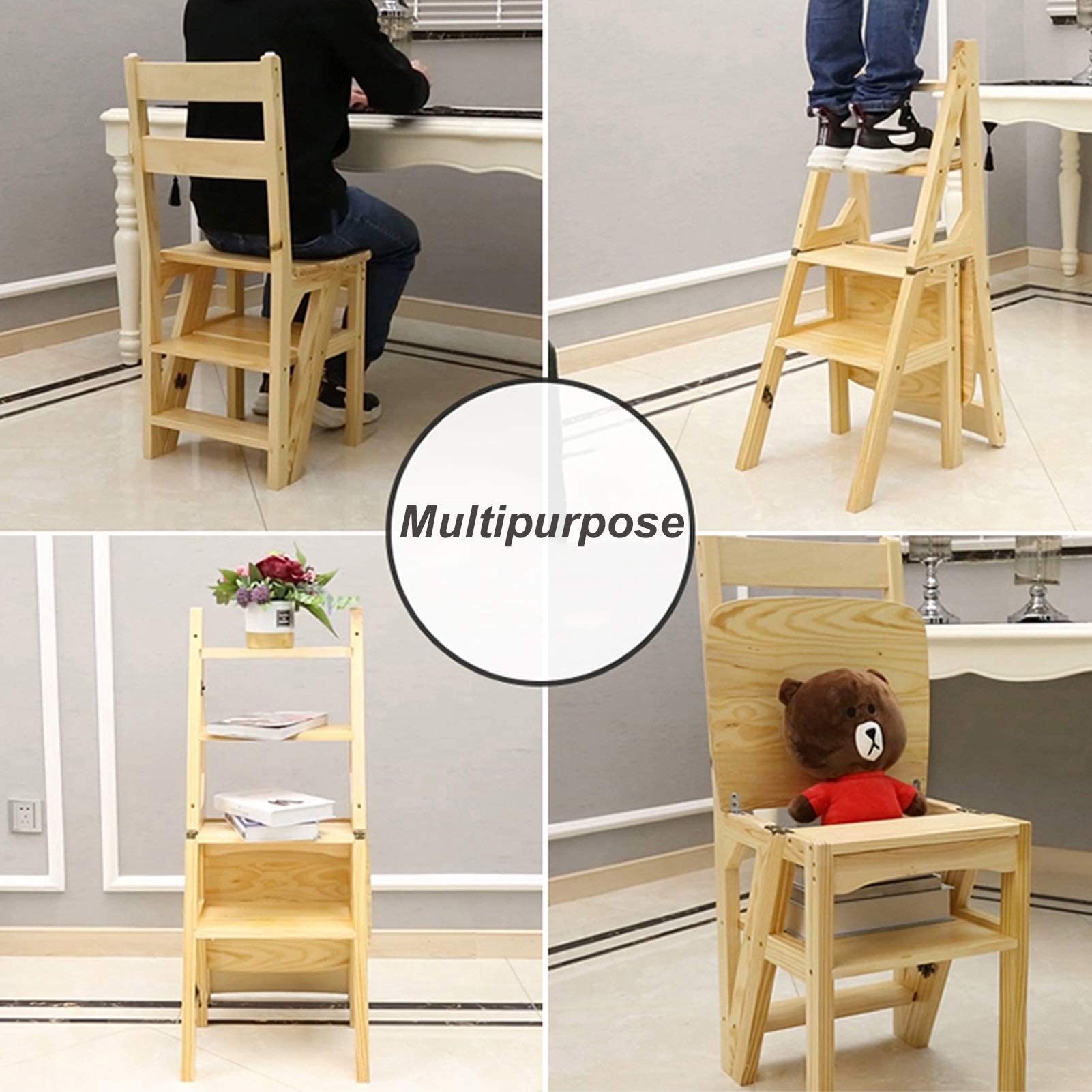 Solid Wood Folding Step Stool Chair for Kitchen - Portable & Space-Saving Home Step Ladder Stool with Seat - Perfect for Reaching High Shelves, Kids' Dining, and Bathroom Use