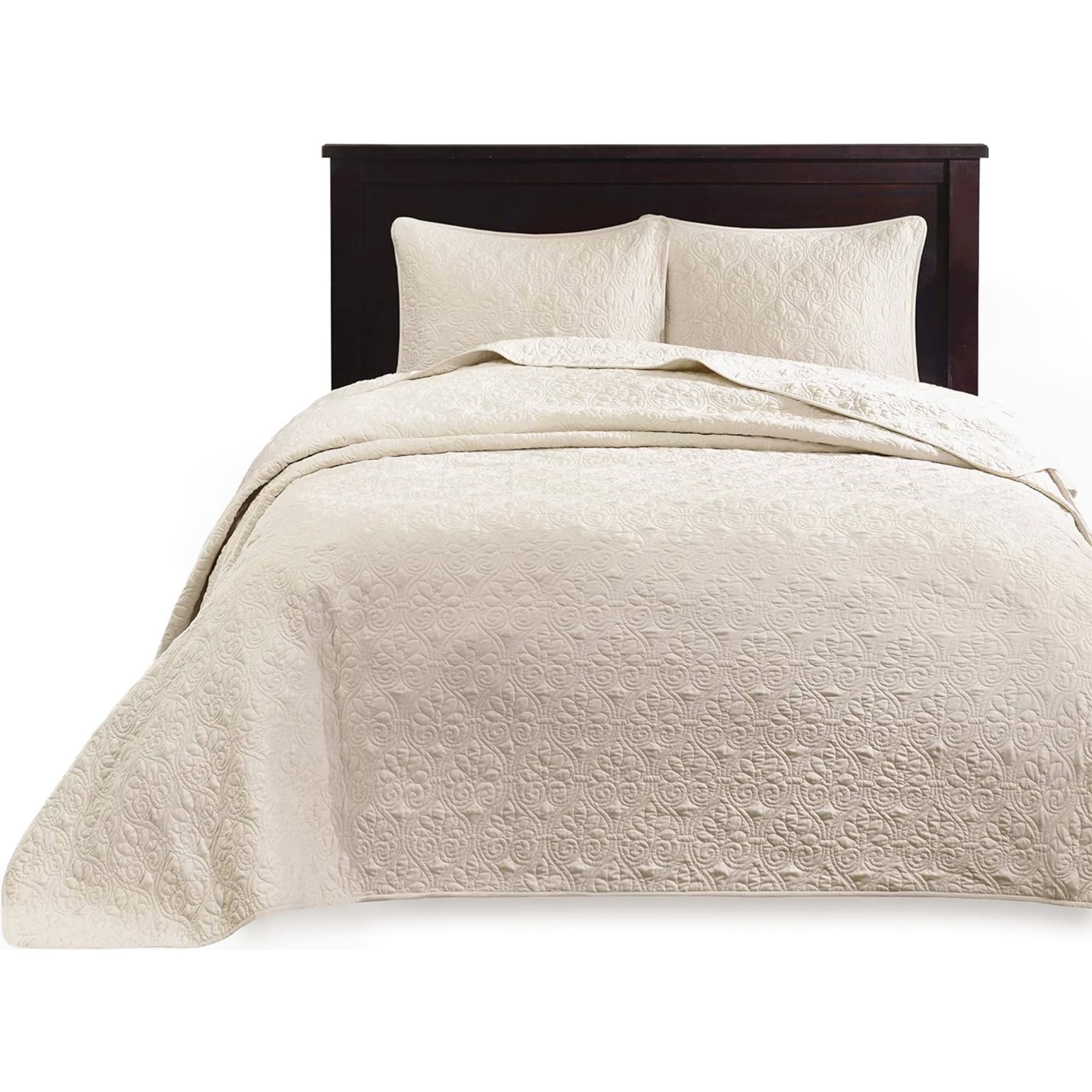Madison Park Quebec Queen Size Quilt Bedding Set - Ivory Damask 3-Piece Microfiber Quilted Coverlet | Ultra Soft & Breathable for All Seasons | Perfect for Master Bedroom, Guest Room & Cozy Home Decor