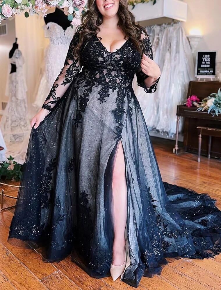 Gothic Black Wedding Dress with Long Sleeves – Elegant Lace Applique Bridal Gown for Bride, Tulle Prom Dress | Perfect for Gothic Weddings, Vampire-Themed Parties, and Dark Romance Events