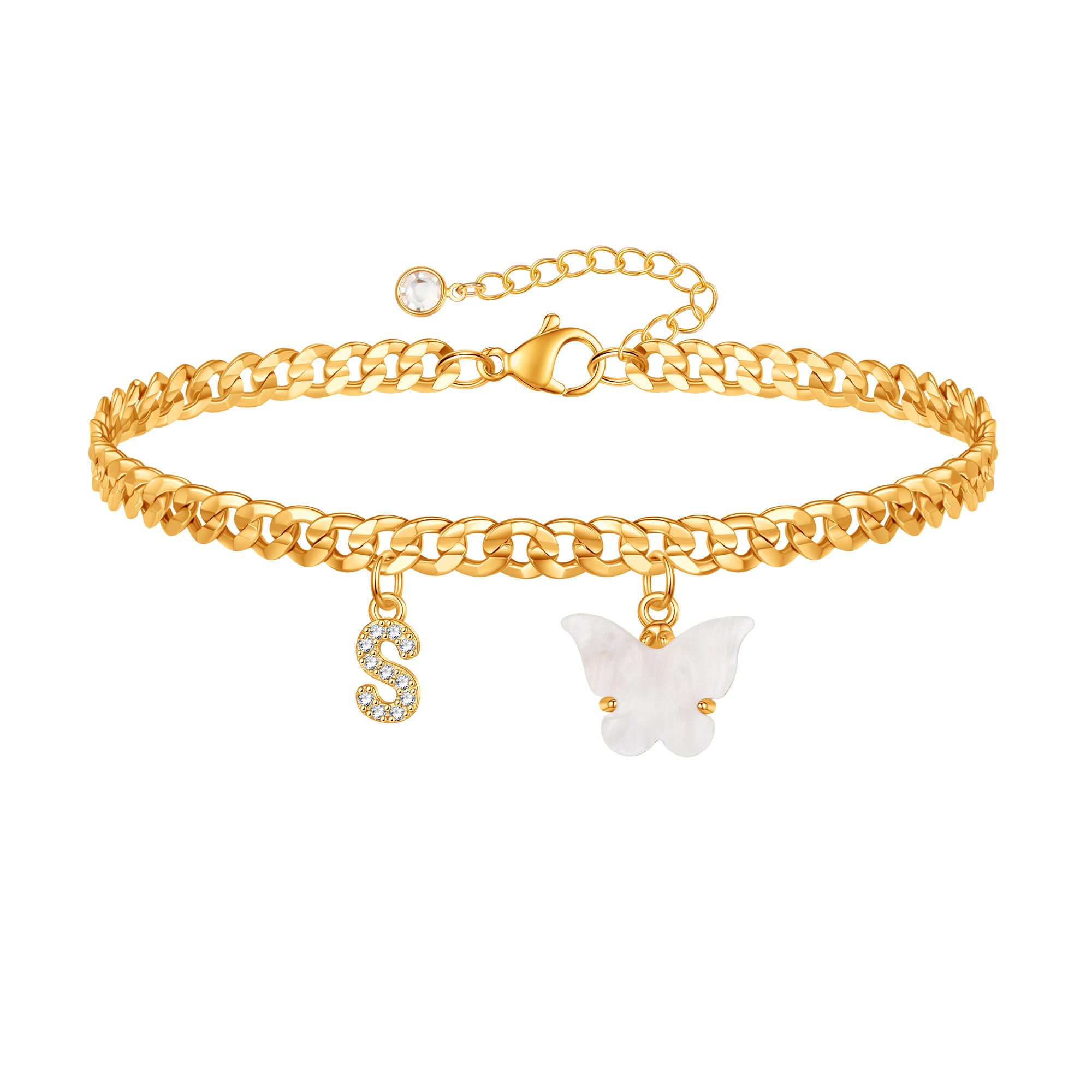 14K Gold Plated Heart Butterfly Initial Tennis Cuban Ankle Bracelet for Women - Elegant Charm Anklet with Cuban Chain, Perfect for Beach Vacations, Summer Outfits, and Gift Giving