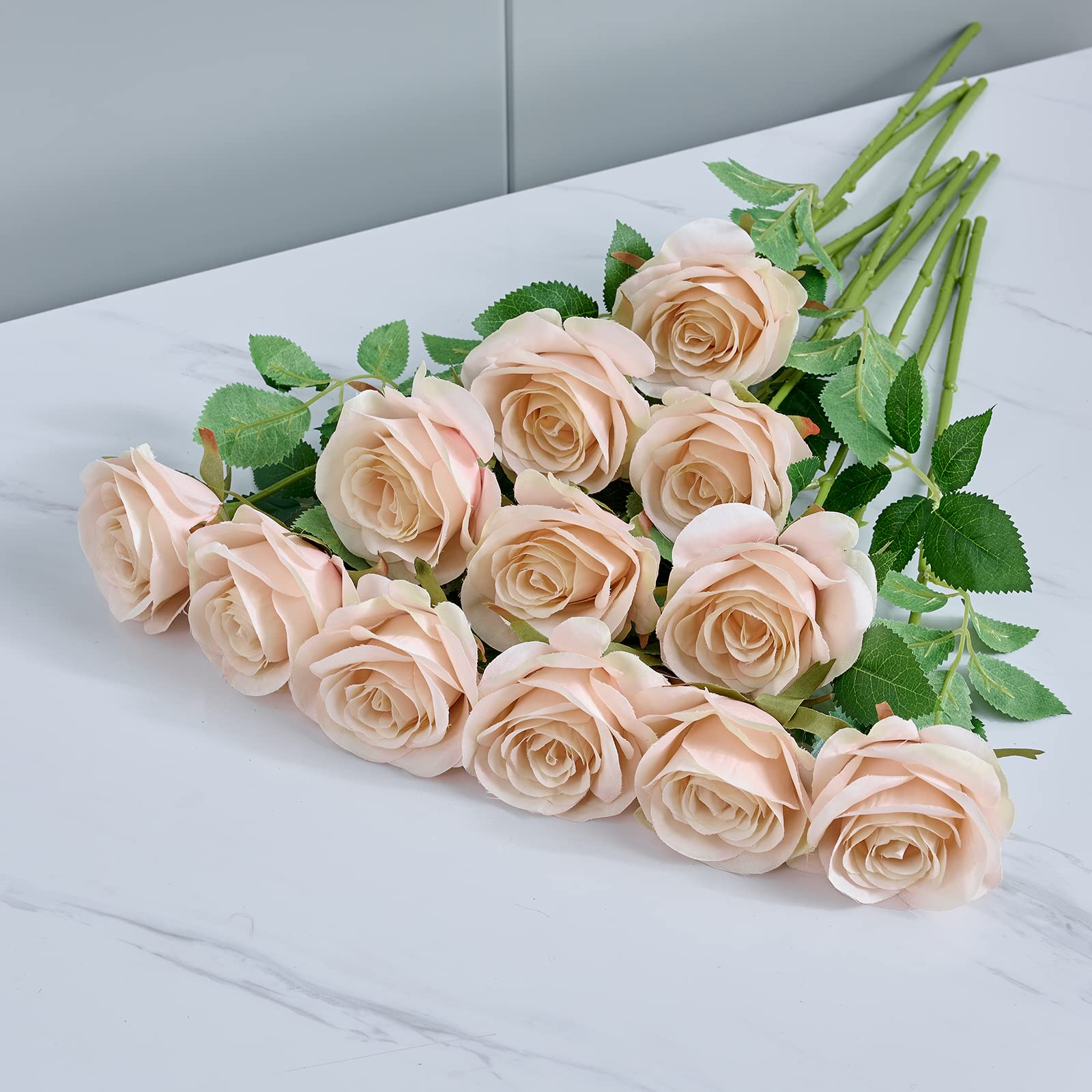 12Pcs Blush Pink Artificial Silk Roses - Long Stem Faux Flowers for DIY Wedding Bouquets, Centerpieces, Baby Shower Decor, Home & Office Decoration - Perfect for Romantic Events, Table Arrangements and Gift Wrapping (Blush Pink)