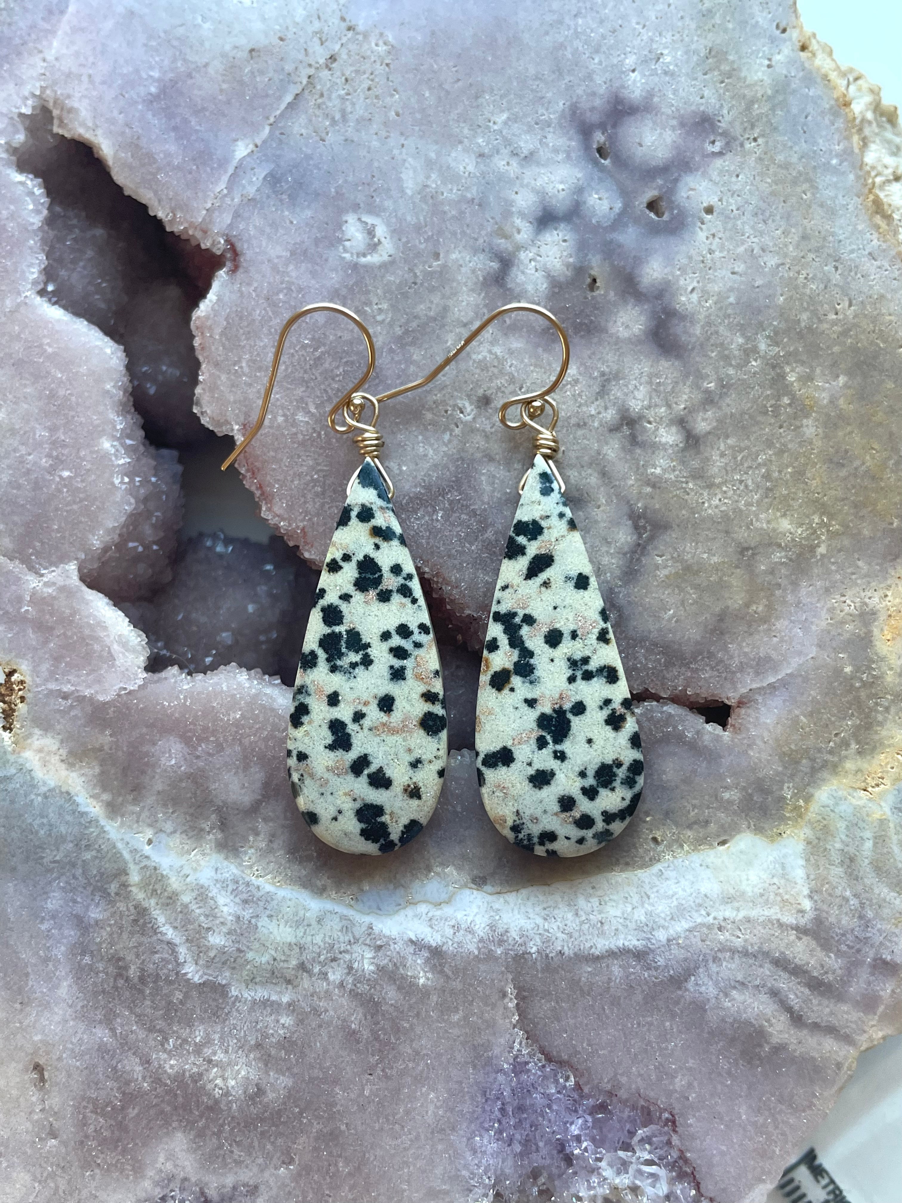 Dalmatian Jasper Dangle Earrings - 14K Gold Filled Bohemian Style Jewelry for Women - Perfect for Everyday Wear, Boho Outfits & Special Occasions
