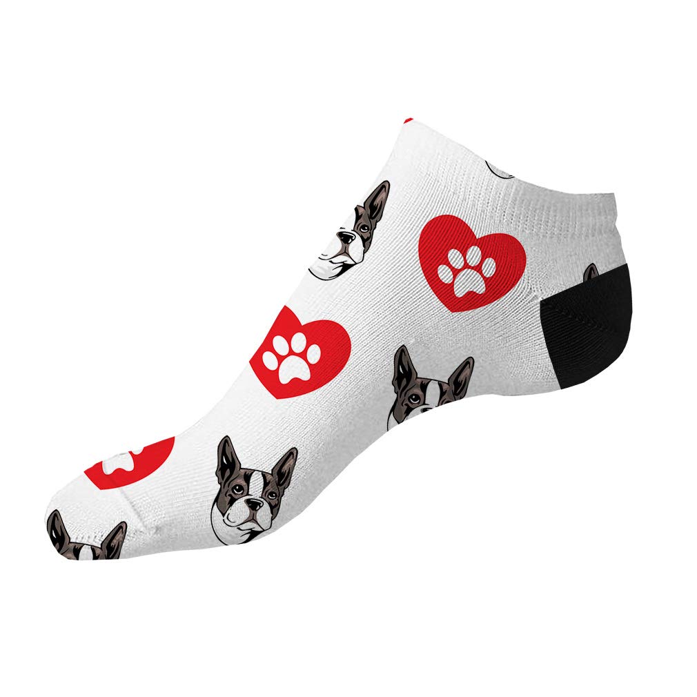 Boston Terrier Dog Heart Paws Pattern Socks for Men & Women - 3 Pairs Ankle Socks Set, Polyester Blend, Novelty Crazy Socks - Perfect for Pet Lovers, Casual Wear & Gift Giving