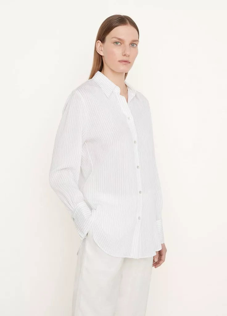 Men's Fine Stripe Relaxed Long Sleeve Casual Shirt - Optic White & Black Stripe - Perfect for Office, Business Meetings & Smart Casual Outfits