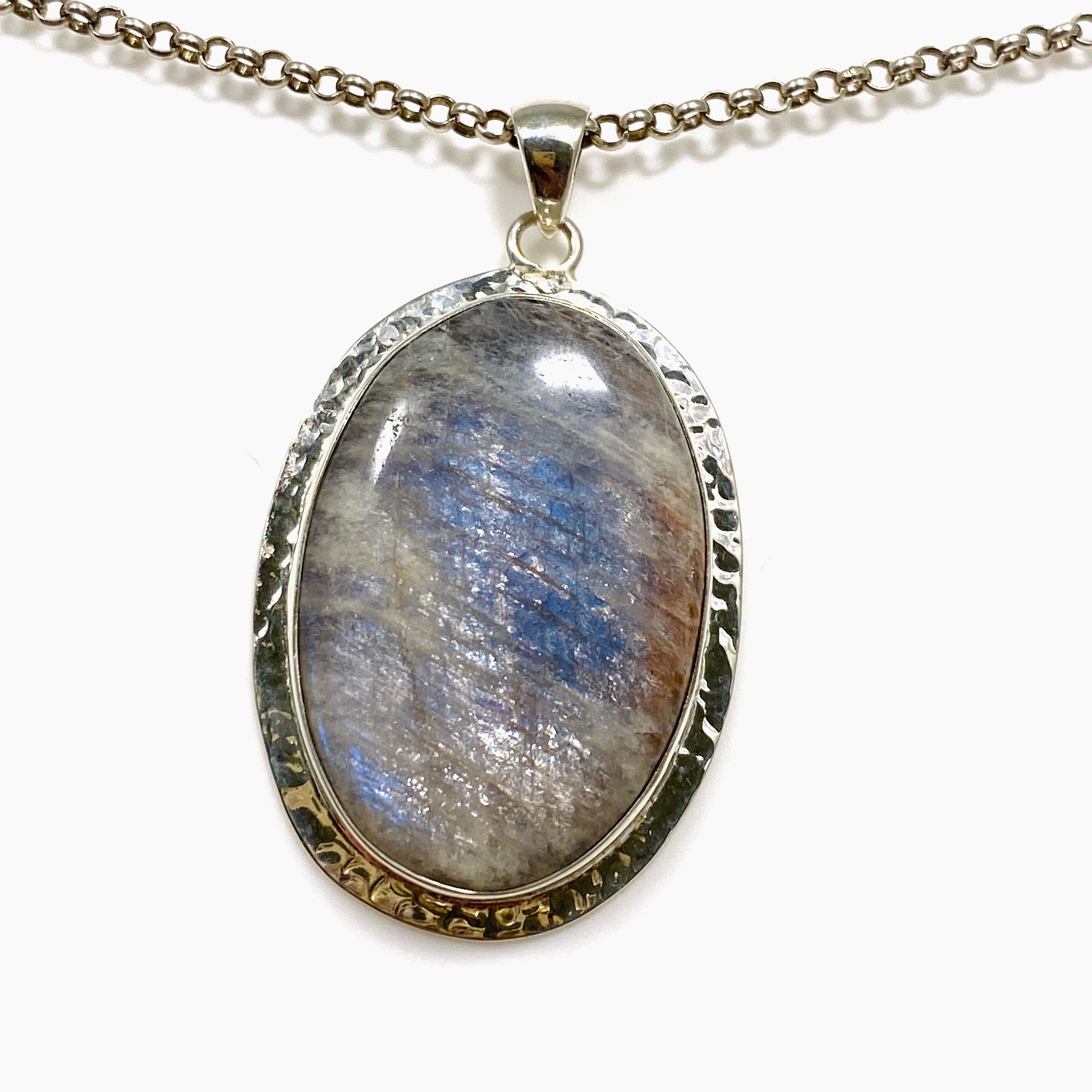 Belomorite (Sunstone with Moonstone Eclipse Stone) Oval Pendant Necklace - Hammered Sterling Silver Setting KPGJ4223 - Perfect for Spiritual Healing, Meditation & Boho Jewelry Collection