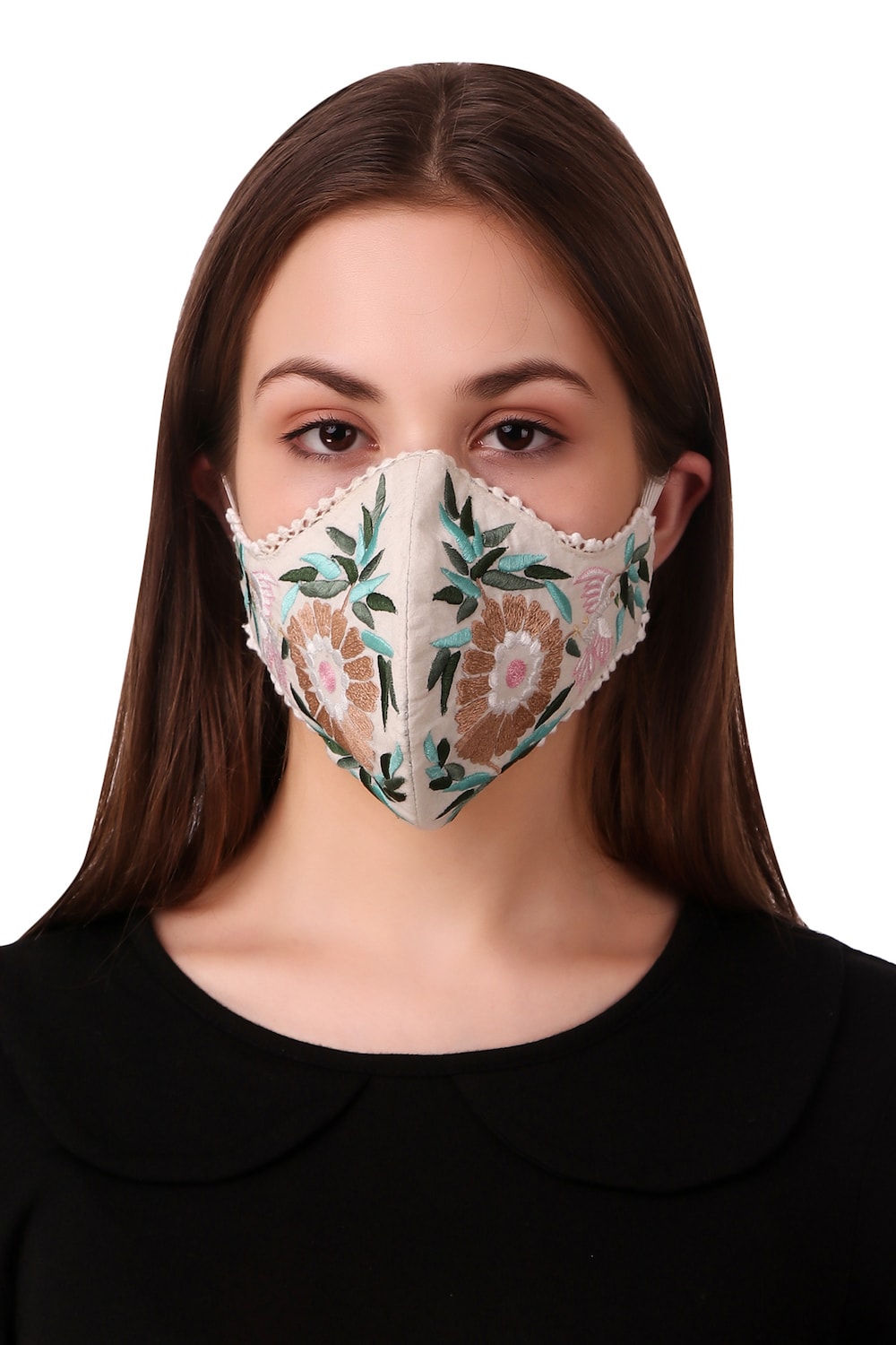 Floral Hand Embroidered Cotton Face Mask - Reusable Washable Breathable Fabric Mask for Women - Perfect for Daily Use, Travel, and Outdoor Activities