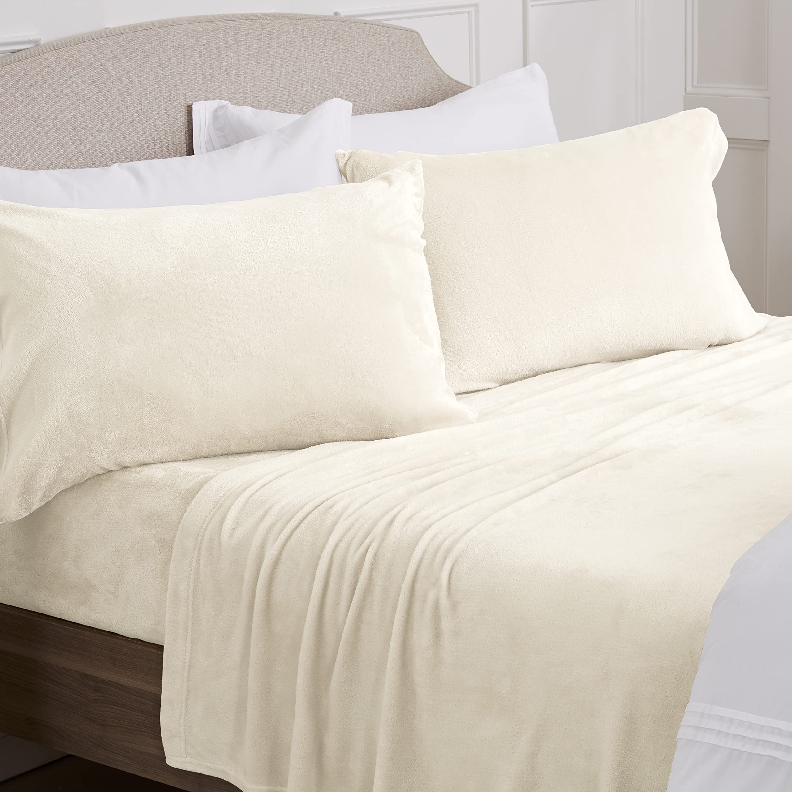 NY Loft Ultra Soft Micro Fleece Sheets Set - Queen Size with Deep Pockets | Cozy Velvet Plush Fleece Bedding for Winter | Warm & Breathable Off-White Bed Sheet Set | Perfect for Cold Nights, Guest Rooms & Cozy Bedroom Decor