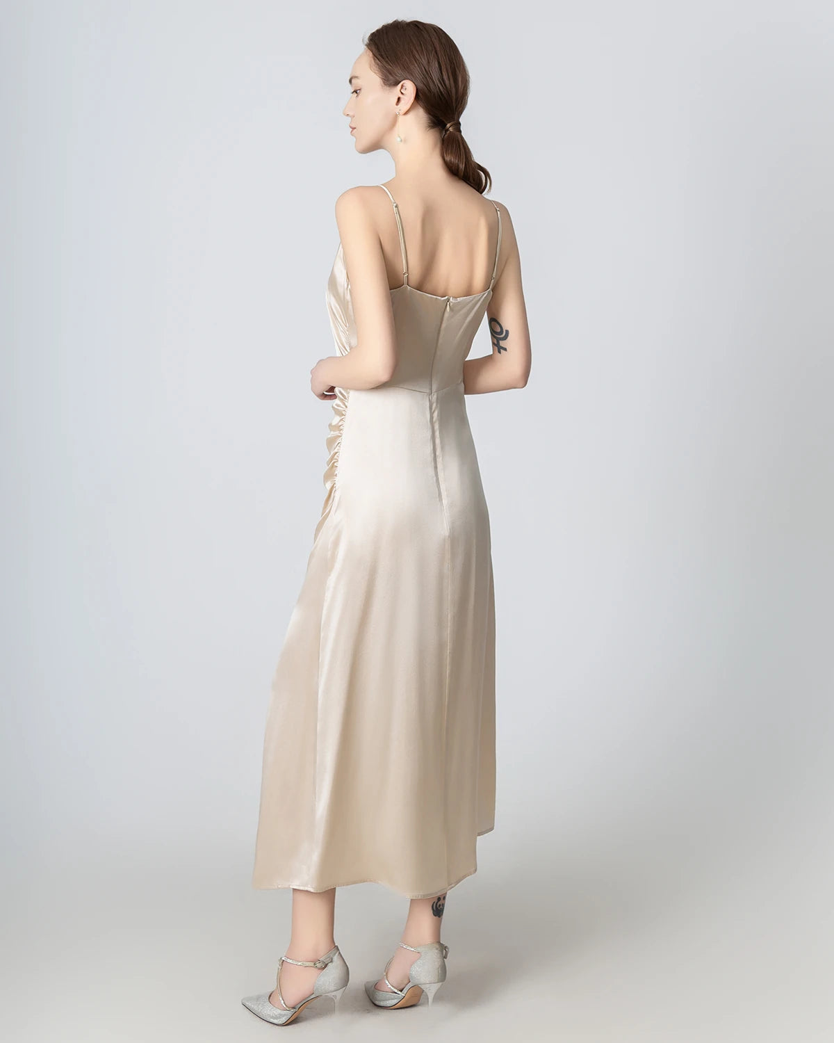 Elegant V-Neck Pleated Slit Maxi Silk Dress for Women - Perfect for Weddings, Parties & Evening Events