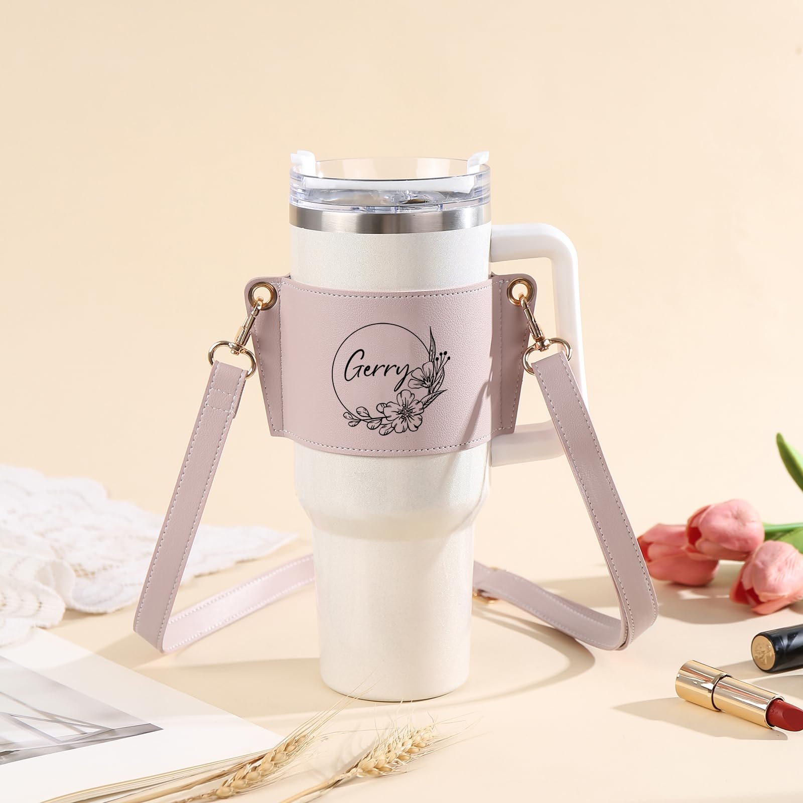 **Personalized Name Water Bottle Holder - Adjustable Strap Leather Cup Carrier Bag - Custom Gifts for Women, Gym, Hiking & Travel**