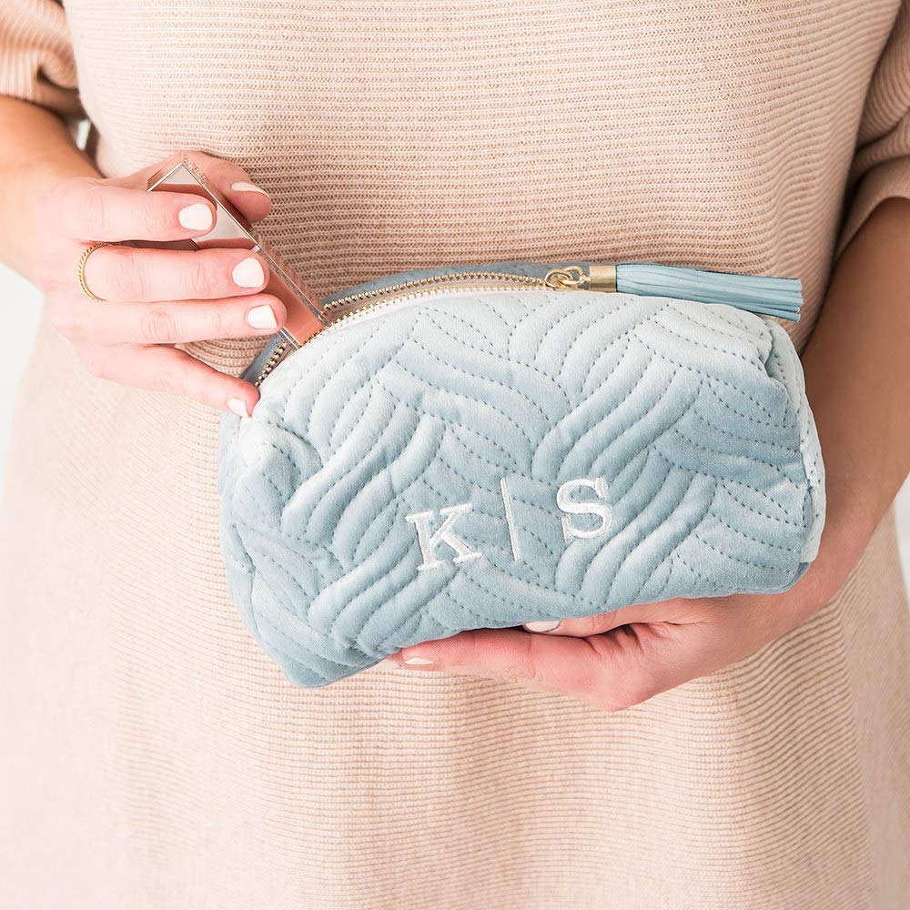 Personalized Velvet Quilted Makeup Bag for Women - Small Spa Blue Wedding Gift, Bridesmaid Present, Travel & Cosmetic Organizer