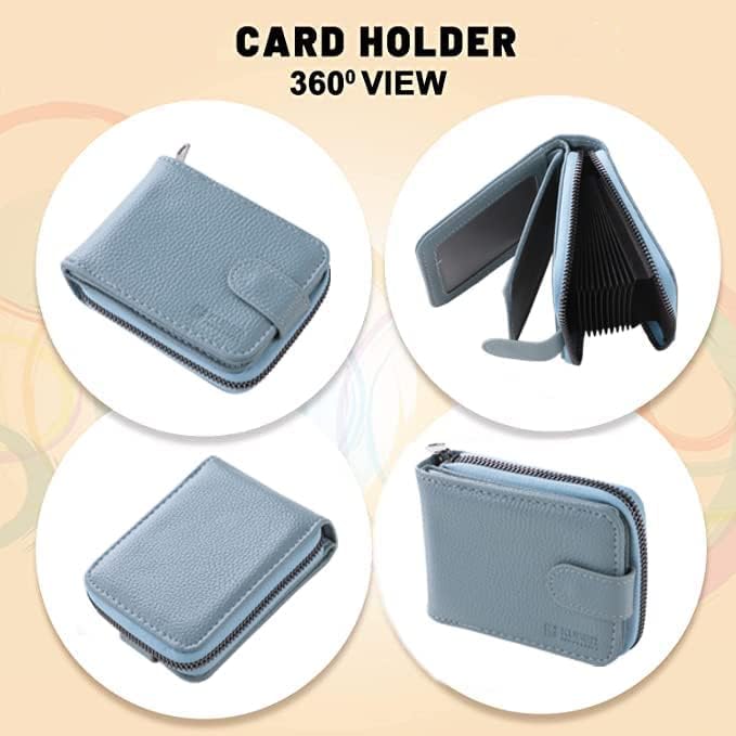 Premium Leather Slim Wallet for Men & Women - RFID Blocking Card Holder for ID, Business & ATM Cards | Zipper Closure | Blue | Perfect for Travel, Office & Everyday Use
