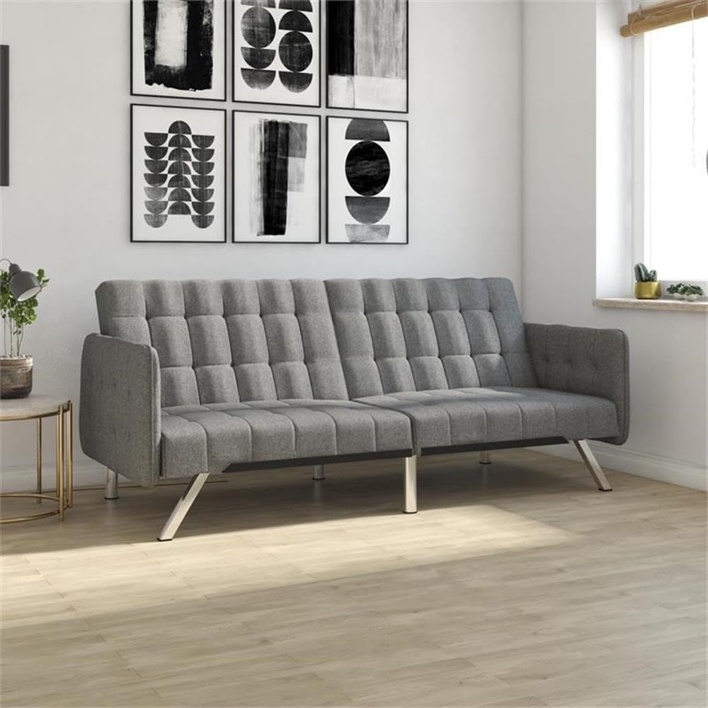 Pemberly Row Convertible Futon Sofa Bed - Grey Linen Upholstery | Space-Saving Sleeper for Small Apartments, Guest Rooms & Home Offices