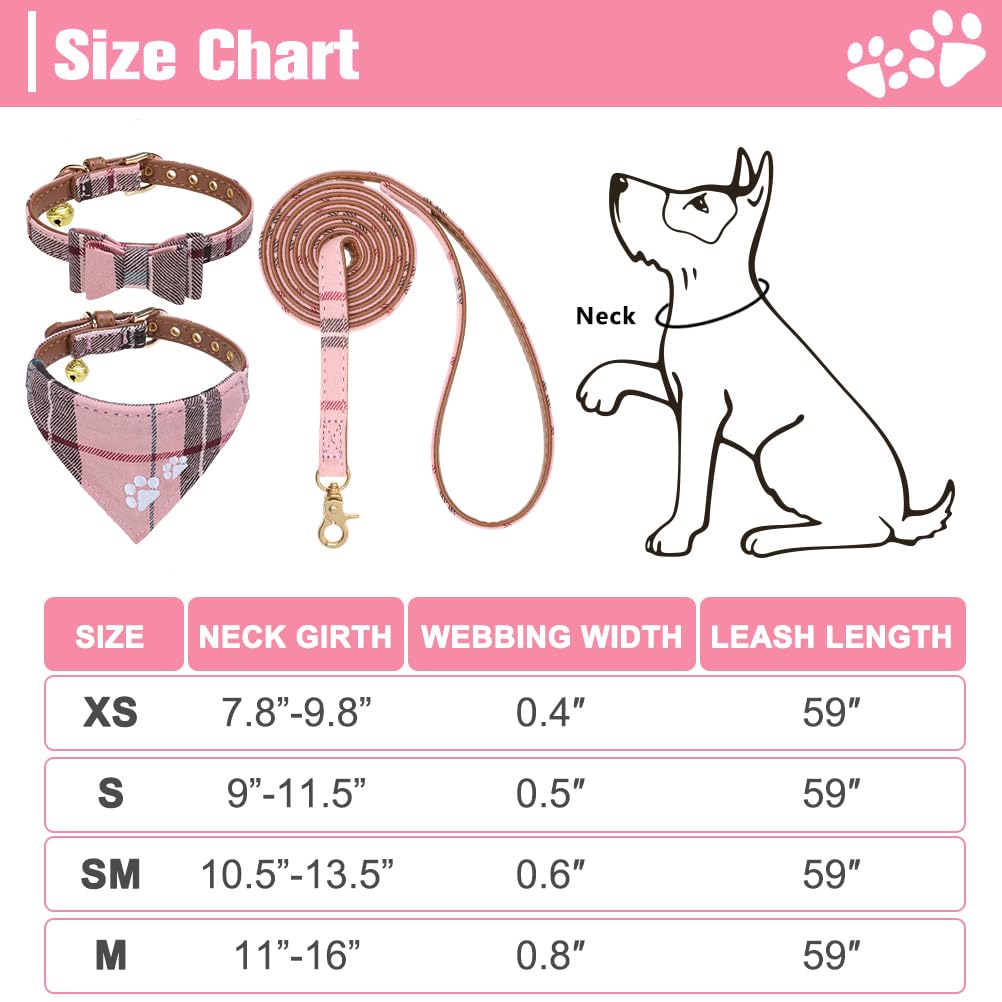 EXPAWLORER Dog Collar and Leash Set - Embroidered Paw Print Plaid Dog Collar with Adjustable Leash, Matching Bow Tie & Bandana, Bell Included for Small to Medium Dogs - Perfect for Outdoor Walks, Training & Pet Fashion (Pink)