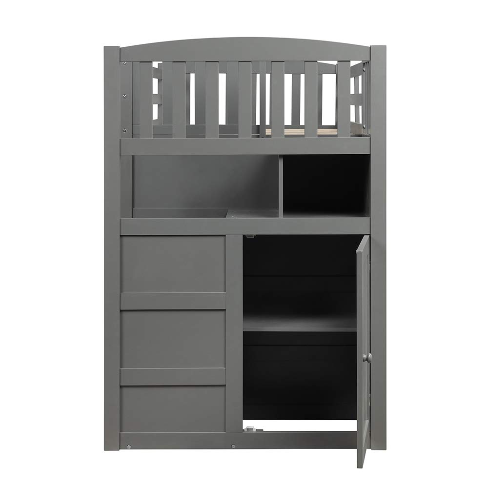 Twin Over Full Bunk Bed with Trundle - Solid Wood Bunk Bed Frame with Safety Guard Rails, Storage Shelves & Drawers, Convertible Bottom Bed (Gray) - Perfect for Kids' Bedrooms, Guest Rooms & Small Spaces