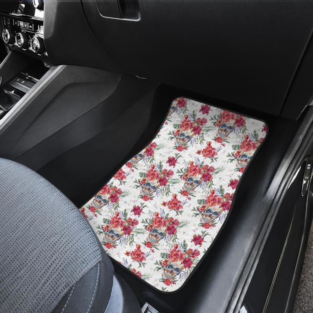4 Pcs Floral Sugar Skull Car Mats - Non-Slip Floor Mats for Cars, Trucks & SUVs - Perfect for Day of the Dead Decor & Mexican Themed Parties