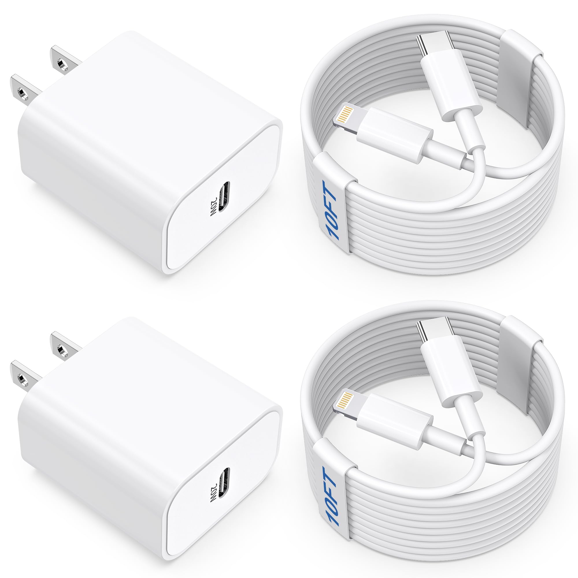 Fast Charging 20W USB C Wall Charger with 2-Pack 10FT USB C to Lightning Cable for iPhone 14/13/12/11/XS/XR & iPad - Perfect for Home, Office, and Travel Use