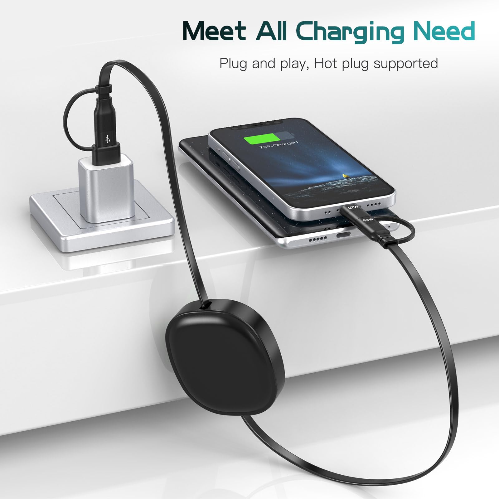 2-Pack 5-in-1 Retractable Multi Charging Cable - 60W Fast Charging & Data Sync for iPhone 16/15/14/13, iPad, Samsung S24/S23, Tablets - Universal Car & Home Charger for Travel, Office & Daily Use