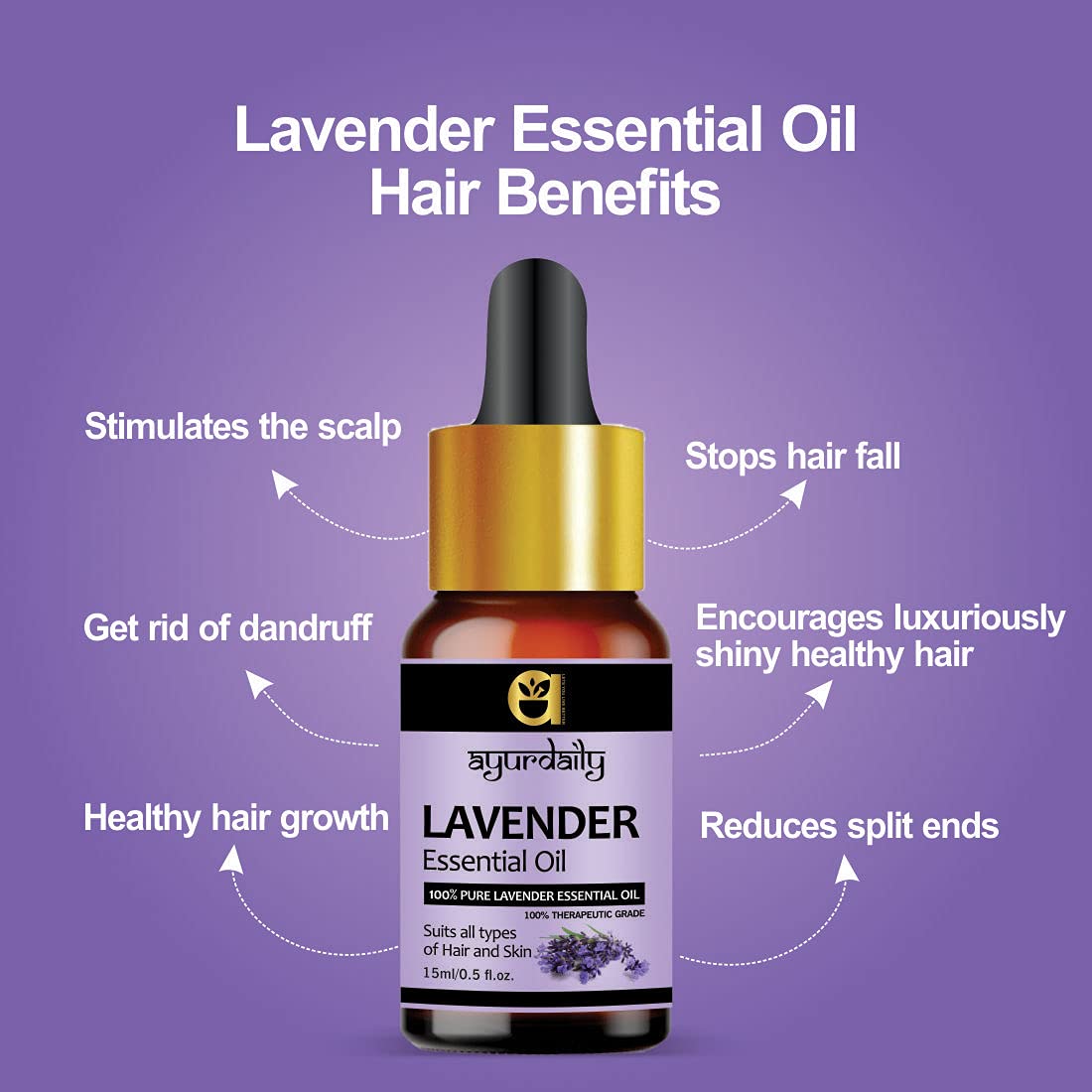Ayurdaily 100% Pure Lavender Essential Oil - Natural, Undiluted for Hair, Skin & Face Care - 15ml - Perfect for Aromatherapy, Massage & Relaxation