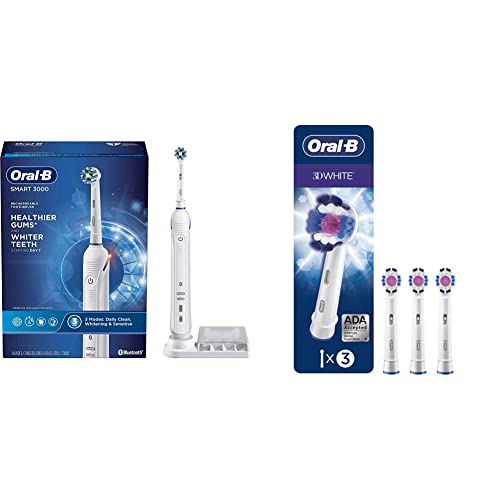 Oral-B Pro 3000 Electric Toothbrush with 3D White Replacement Brush Heads (3-Pack) - Rechargeable Power Toothbrush for Deep Cleaning & Whitening - Perfect for Travel & Daily Oral Care