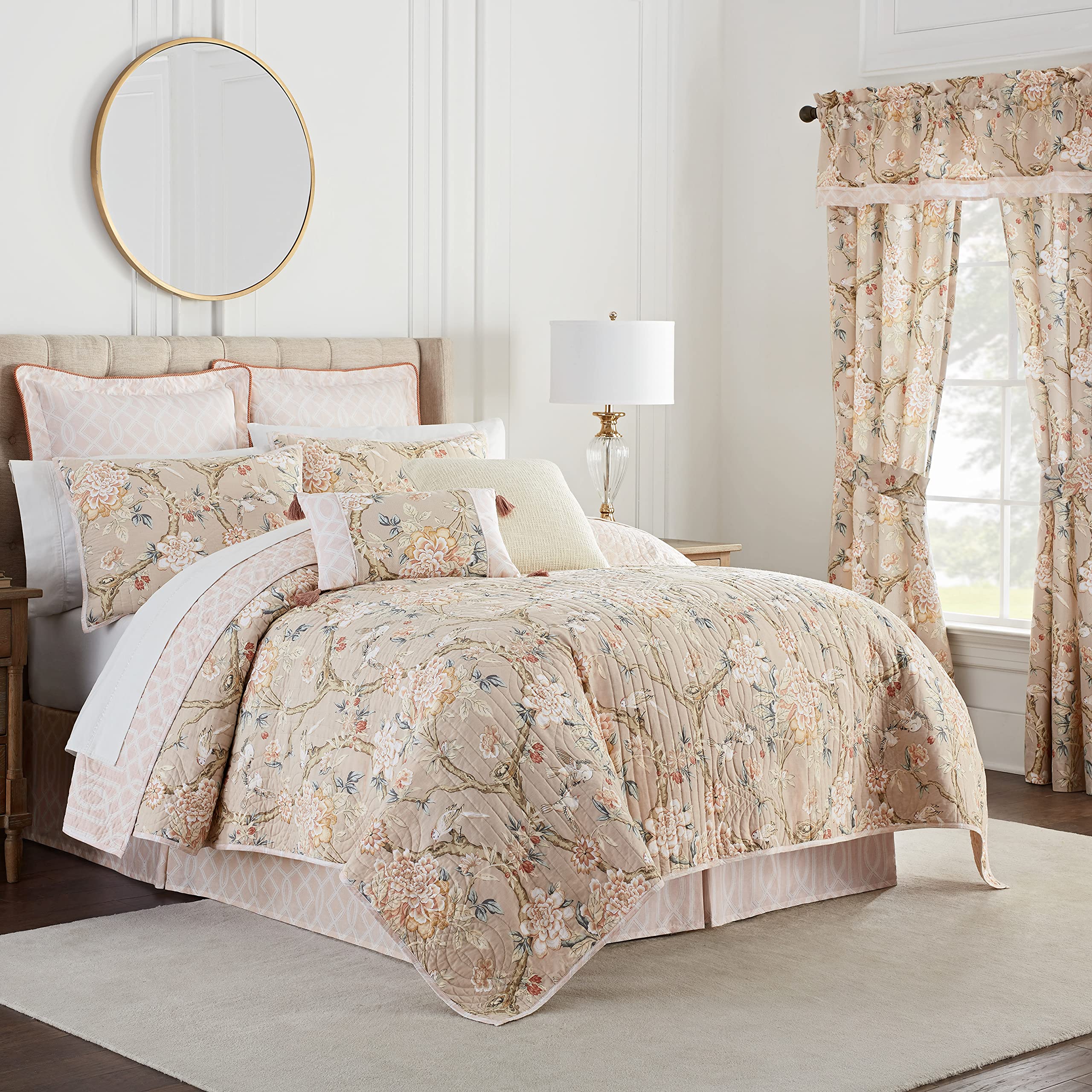 Waverly Peony Gardens 3-Piece Cotton Quilt Set - All Season Embellished Bedding with Quilt, Bed Skirt & Pillow Sham - Machine Washable Twin Size in Taupe - Perfect for Guest Rooms, Dorm Decor & Cozy Bedroom Makeovers