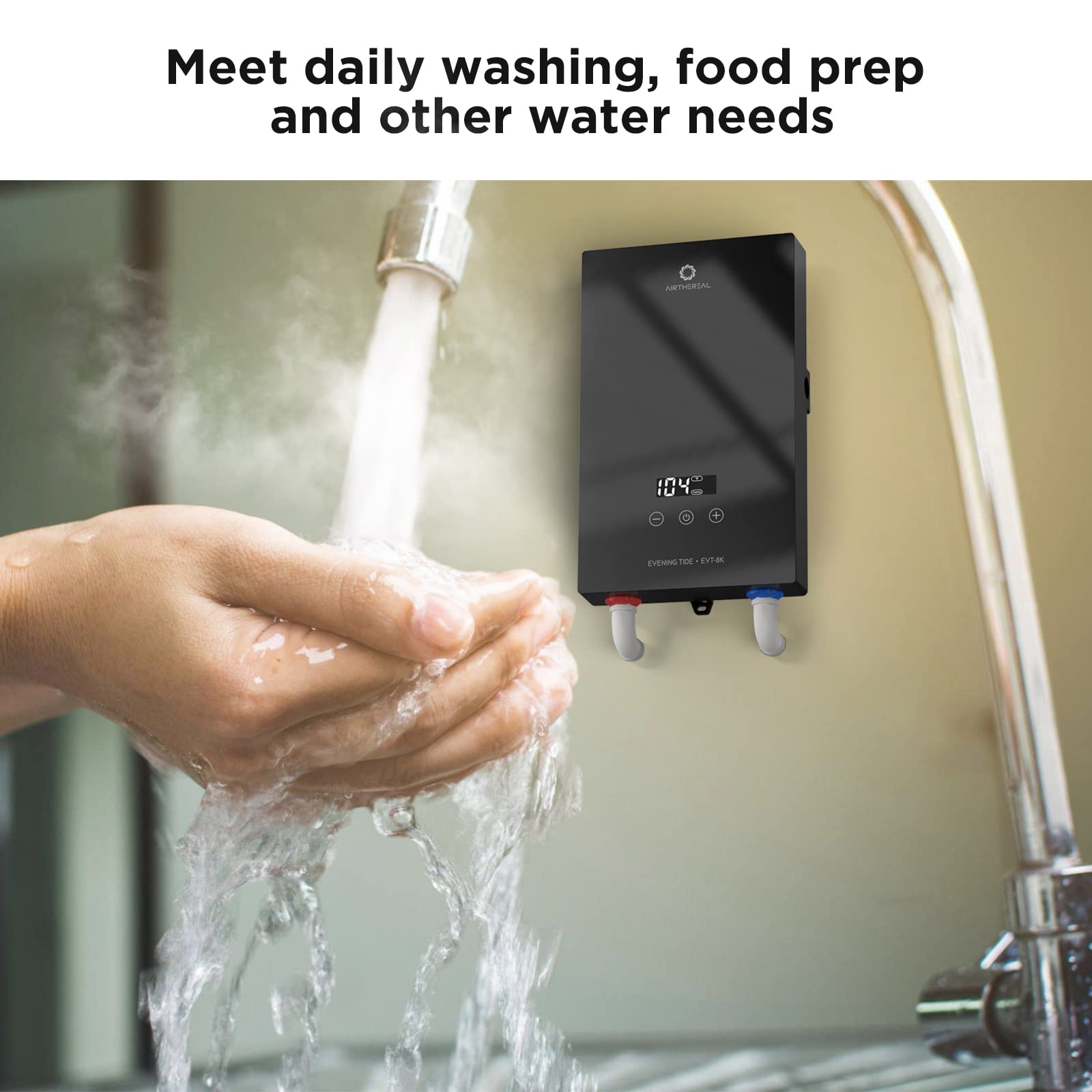 Airthereal 8kW 240V Tankless Electric Water Heater - Endless On-Demand Hot Water, Energy Saving Self-Modulating Technology - Perfect for Kitchen Sink, Bathroom Faucet & Small Household Use (Evening Tide Series)