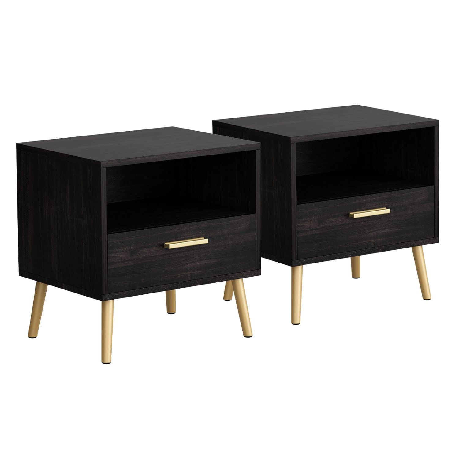 FAMAPY Modern Nightstand Set of 2 - Bedside Tables with Storage Drawer & Open Shelf, Gold Metal Legs, Espresso Finish (19.5”L x 15.6”W x 20”H) - Perfect for Bedroom, Living Room & Small Space Furniture