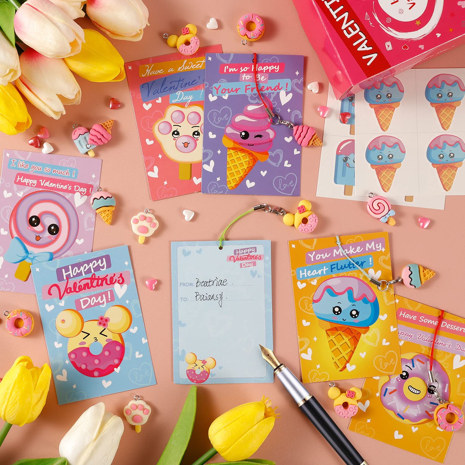 35Pcs Valentine's Day Cards for Kids - Cute Dessert-Themed Cards with 7 Unique Pendant Designs | Perfect for Classroom Exchanges, School Parties & Holiday Gifts | Fun Valentine's Day Activity for Preschool & Elementary Students