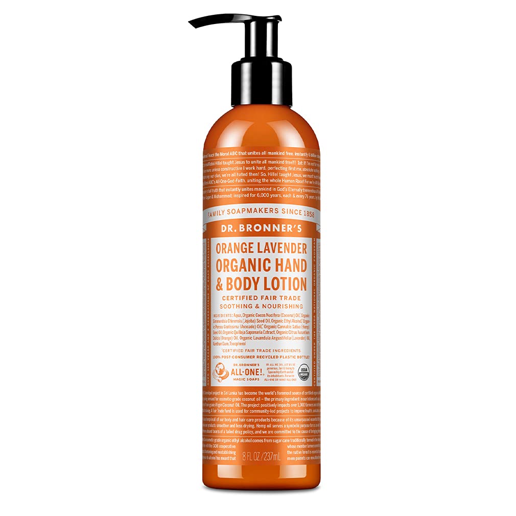 Dr. Bronner's Organic Orange Lavender Body Lotion - 8 oz | USDA Certified Organic Moisturizer for Dry Skin | Soothing Hand Cream & Face Moisturizer | Vegan, Non-GMO, Highly Emollient | Perfect for Daily Hydration & Post-Shower Skincare Routine