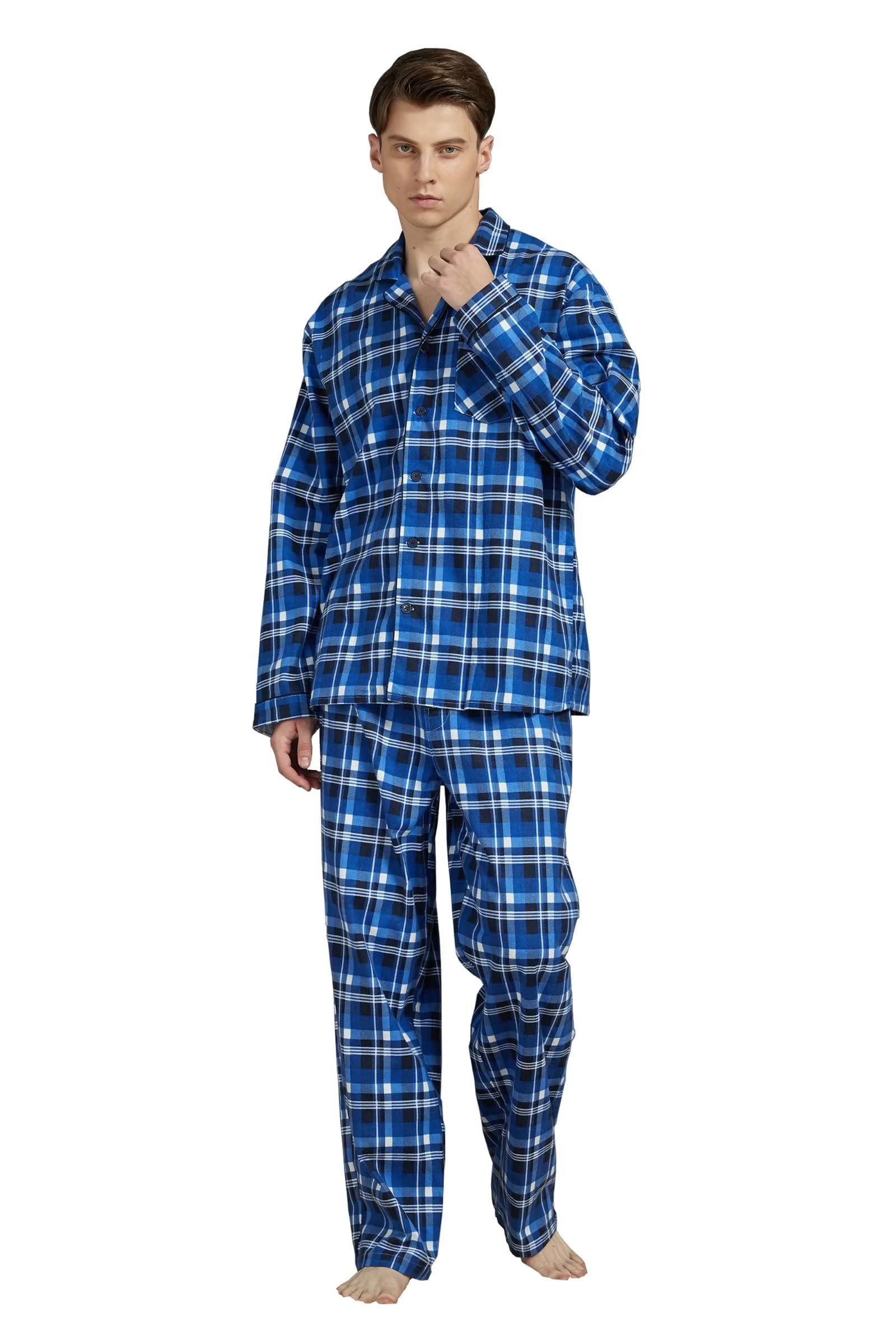 Men's 100% Cotton Flannel Pajama Set with Pockets & Drawstring - Soft & Comfortable Sleepwear for Lounging at Home or Winter Nights