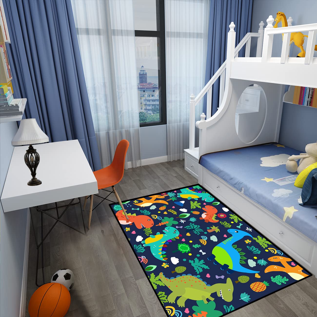 Dinosaur Area Rug for Kids - 3'×5' Blue Cartoon Dinosaur Rug with Leaves Print | Soft Playroom Rug for Boys Bedroom, Classroom & Nursery Decor | Perfect for Playtime, Learning & Dinosaur-Themed Rooms