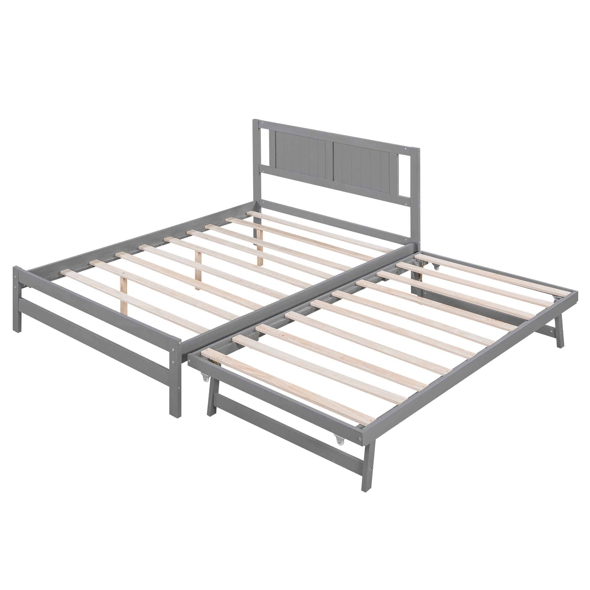 P PURLOVE Full Platform Bed with Adjustable Trundle - Sturdy Wood Bed Frame with Headboard & Slats for Kids, Teens & Adults (Gray) - Space-Saving Design for Small Bedrooms, Guest Rooms & Dormitories - No Box Spring Needed